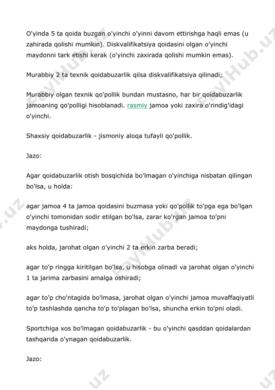 rlik - hakamlarga, raqibga hurmatsizlik ko'rsatish, o'yinni kechiktirish yoki protsessual xarakterdagi qoidabuzarliklar uchun qo'pollik. jazo: 2 ta erkin zarba. otishlar amalga oshirilgandan so'ng, to'p xuddi sportchiga xos bo'lmagan qoidabuzarlik kabi o'yinga kiritiladi. har bir jamoa 5 ta asosiy va 5-7 (yirik turnirlarda) doimiy o'rinbosarlardan iborat bo'lib, ular o'yin to'xtatilgandan va hakam hushtak chalgandan keyingina o'yinga kirishlari mumkin. to'pga ega bo'lgan jamoa o'yinning har bir to'xtashida almashtirish huquqiga ega bo'lsa-da, to'pga ega bo'lmagan jamoa faqat sakrab tushish va taym-aut holatida yoki to'pga ega bo'lgan jamoa almashtirishni amalga oshirganda almashtirishga haqli. o'yin vaqti. barcha sinflarda basketbol o'yinlari 20 daqiqadan iborat bo'lgan 2 taymdan iborat. yarimlar orasidagi tanaffus 10 minut. agar o'yin yakunida jamoalar bir xil ochko to'plagan bo'lsa, g'olibni aniqlash uchun qo'shimcha vaqt (5 daqiqa) beriladi. vaqt tugadi. har bir jamoa har bir bo'limda 2 ta taym-aut va qo'shimcha vaqtda 1 ta taym-aut huquqiga ega. murabbiylar odatda o'yinchilarga taktik ko'rsatmalar berish va …