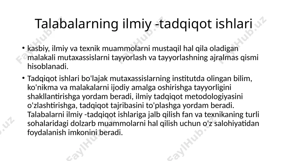 uv jarayoniga kiritilgan iti. u o'quv qo'llanmalari bilan ta'minlangan o'quv rejalari va dasturlariga muvofiq amalga oshiriladi va quyidagilarni ta'minlaydi: ilmiy tadqiqot elementlarini o'z ichiga olgan topshiriqlarni, laboratoriya ishlarini, muddatli va diplom loyihalarini (ishlarini) bajarish ishlab chiqarish yoki o'quv amaliyoti davrida tadqiqot xarakteridagi o'ziga xos atipik vazifalarni amalga oshirish metodologiyaning nazariy asoslarini o'rganish, ilmiy tadqiqotlarni shakllantirish, tashkil etish va amalga oshirish, ilmiy tajribani rejalashtirish va tashkil etish, ilmiy ma'lumotlarni qayta ishlash va h.k. "ilmiy tadqiqot asoslari" kursi bo'yicha. nomlangan fan universitet kengashi ixtiyoridagi soat hisobidan o'quv dasturiga kiritilishi mumkin o'quv jarayonini to'ldiruvchi iti bu to'g'ridan -to'g'ri o'quv dasturi doirasida mustaqil ishni o'z ichiga oladi va quyidagi shaklda tashkil etiladi: talabalarni ilmiy to’garaklarda ishlashi aniq ilmiy maslahatchi rahbarligida individual ilmiy tadqiqotlar olib borish talabalarning turli darajadagi ilmiy tashkiliy-ommaviy va musobaqaviy tadbirlarida ishtirok etish: ilmiy seminarlar, konferentsiyalar, mehnat tanlovlari, fanlar va yo'nalishlar bo'yicha olimpiadalar. maxsus kurslar, dasturlar tashkil etish, aniq ilmiy motivatsiyaga ega …
