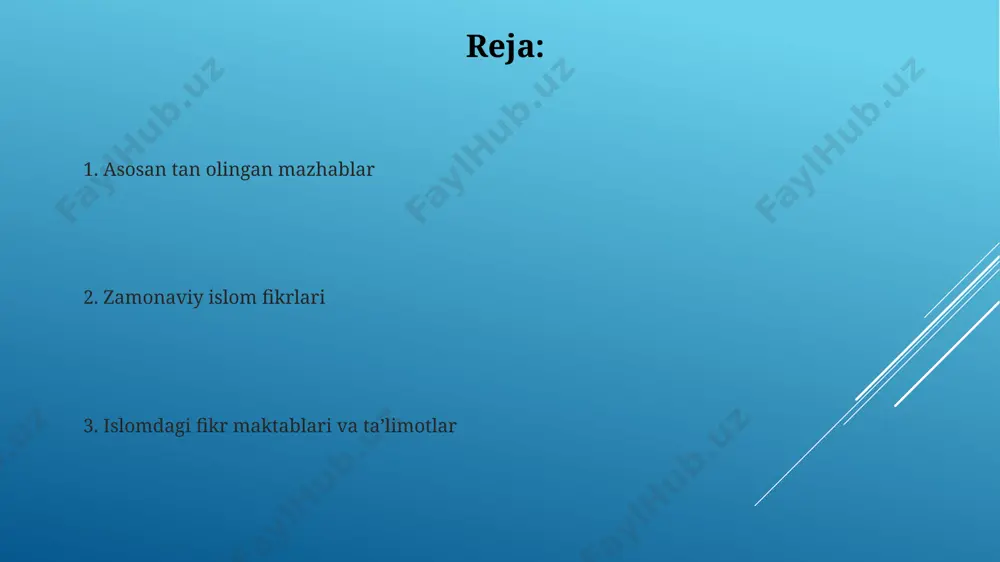 vjud bo'lib, ularning har biri o'ziga xos huquqiy va ilohiy talqinlarga ega. islomdagi mazhablarning paydo boʻlishi mazhablarning shakllanishiga hadislarning talqini, qiyos usuli va ijmoning roli kabi omillar ta'sir koʻrsatdi, bu esa turli huquqiy va diniy qarashlarning mavjud boʻlishiga olib keldi. masalan, 4 ta mazhabning har biri o'ziga xos uslub va talqinlarga ega. 8-10-asrlar davrida asosiy mazhablarning shakllanishi bilan birga, ularning ichida kichik tafovutlar ham mavjud edi, bu esa mazhab ichidagi turli fikr oqimlarining paydo boʻlishiga olib keldi. e'tiboringiz uchun rahmat @taqdimot_robot image1.jpg image2.jpg image3.jpg image4.jpg image5.jpg image6.jpg image7.jpg