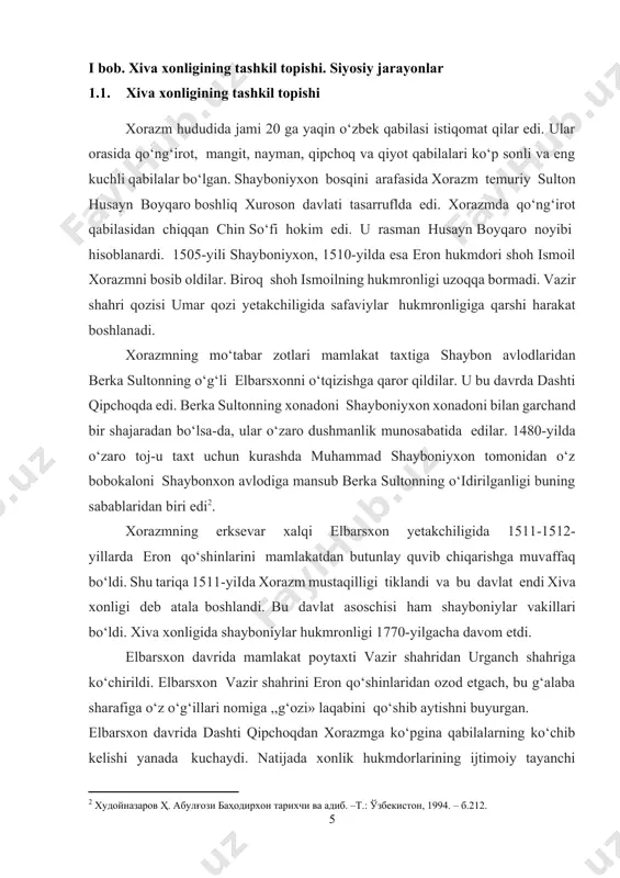 lbarsxon yetakchiligida 1511-1512-yillarda eron qo‘shinlarini mamlakatdan butunlay quvib chiqarishga muvaffaq bo‘ldi. shu tariqa 1511-yiida xorazm mustaqilligi tiklandi va bu davlat endi xiva xonligi deb atala boshlandi. bu davlat asoschisi ham shayboniylar vakillari bo‘ldi. xiva xonligida shayboniylar hukmronligi 1770-yilgacha davom etdi. elbarsxon davrida mamlakat poytaxti vazir shahridan urganch shahriga ko‘chirildi. elbarsxon vazir shahrini eron qo‘shinlaridan ozod etgach, bu g‘alaba sharafiga o‘z o‘g‘illari nomiga ,,g‘ozi» laqabini qo‘shib aytishni buyurgan. elbarsxon davrida dashti qipchoqdan xorazmga ko‘pgina qabilalarning ko‘chib kelishi yanada kuchaydi. natijada xonlik hukmdorlarining ijtimoiy tayanchi mustahkamlandi. bu omil xiva hukmdoriga xonlik hududini qo‘shni davlatlar hisobiga kengaytirib olish imkonini berdi. chunonchi, elbarsxonning 1516-yilgacha bo‘lgan hukmronlik davrida shimoliy xuroson, saraxs, orol va mang‘ishloq egallandi. movarounnahrdagi shayboniylar davlati singari xiya xonligi ham bir qancha katta kichik mulklarga bo‘lingan. xiva xonligining aholisi etnik, madaniy va til jihatdan bir-biridan keskin farq qiluvchi uch guruhga bo‘lingan: 1) qadimiy xorazmliklarning bevosita avlodlari; 2) turkman qabilalari; 3) dashti qipchoqdan xorazmga …