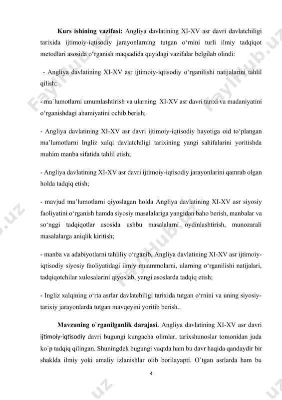 ushbu masalalarni oydinlashtirish, munozarali masalalarga aniqlik kiritish; - manba va adabiyotlarni tahliliy o‘rganib, angliya davlatining xi-xv asr ijtimoiy-iqtisodiy siyosiy faoliyatidagi ilmiy muammolarni, ularning o‘rganilishi natijalari, tadqiqotchilar xulosalarini qiyoslab, yangi asoslarda tadqiq etish; - ingliz xalqining o‘rta asrlar davlatchiligi tarixida tutgan o‘rnini va uning siyosiy-tarixiy jarayonlarda tutgan mavqeyini yoritib berish.. mavzuning o`rganilganlik darajasi. angliya davlatining xi-xv asr davri ijtimoiy-iqtisodiy davri bugungi kungacha olimlar, tarixshunoslar tomonidan juda ko`p tadqiq qilingan. shuningdek bugungi vaqtda ham bu davr haqida qandaydir bir shaklda ilmiy yoki amaliy izlanishlar olib borilayapti. o`tgan asrlarda ham bu davrga doir ilmiy izlanishlar olib borilgan.. ayrim ilmiy tadqiqotlar esa hali tugatilmagan. hozirgi zamonaviy texnologiyalar rivojidan keyin ham bu tarixiy voqeaga boshqa voqealar singari jiddiy chuqurroq e’tibor berilayapti. natijada esa angliya davlatining xi-xv asr davri haqida ma’lumotlar bazasi oshdi. shuningdek m. петрушевский ‘’очерки из истории английского государства и общества’’ va a. левицкий ‘’город и феодализм в англии’’ asarlari orqali bu mavzuni chuqurroq …