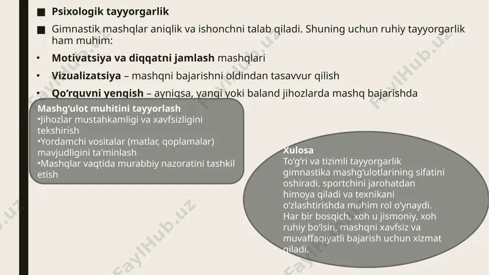 lar ustida yoki havoda bajariladi, bu esa turli xil xavf-xatarlarni keltirib chiqarishi mumkin. shuning uchun xavfsizlik choralariga rioya qilish va murabbiy nazorati ostida ishlash shartdir. mashg‘ulot oldidan xavfsizlik tekshiruvlari mashg‘ulot boshlanishidan oldin quyidagilar tekshiriladi: jihozlar holati – barlar, halqalar, to‘sin va ko‘priklarning mustahkamligi, qotirilganligi zamin qoplamalari – sirpanmasligi, matlar va yumshoq tushish maydonlarining to‘g‘ri joylashganligi yordamchi vositalar – qo‘llanadigan tayoq, qattiq belbog‘, trambolin va boshqa uskunalarning ishlash holati mashqlarni bajarishda asosiy xavfsizlik qoidalari a) murabbiy nazorati har qanday murakkab yoki yangi mashq faqat murabbiy ko‘magida bajariladi murabbiy sportchining holatini kuzatadi, to‘g‘rilaydi, kerak bo‘lsa yordam beradi bosqichma-bosqich murakkablashtirish harakatlar soddasidan murakkabigacha o‘rganiladi tayyor bo‘lmagan sportchi balandlikdagi yoki xavfli elementlarga jalb qilinmaydi to‘g‘ri tushish texnikasini o‘rganish har qanday mashqdan so‘ng to‘g‘ri tushish (qo‘l va tizzalarni bukish, yengil muvozanat) mashq qilinadi matlar ustiga tushish odatiy holga aylantiriladi xavfsizlik bo‘yicha sportchi uchun tavsiyalar har qanday mashqni bajarayotganda shoshmaslik va to‘liq e’tibor qaratish kerak jihozlardan …