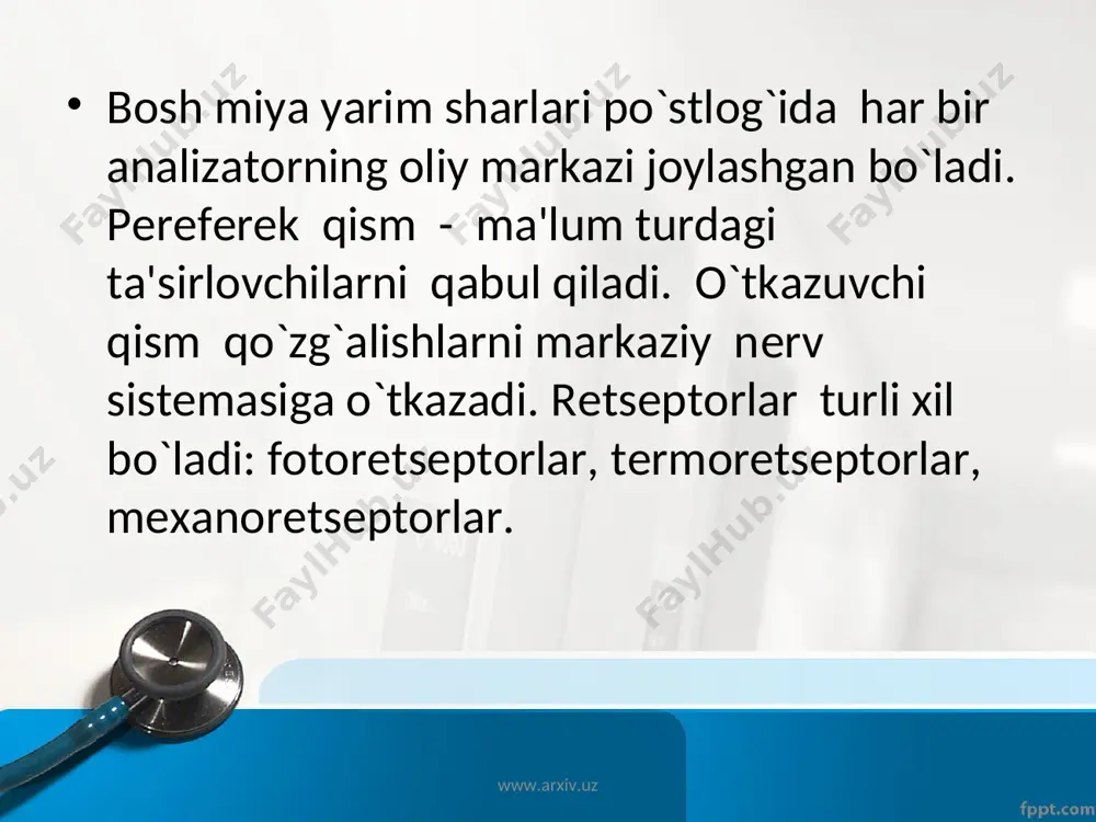 a vujudga kеladi. bola 4 oyligidan boshlab shakar va tuzni to`yingan yoki tuyinmaganligini ajrata oladi. masalan, 0,4 % osh tuzini 0,2 % lidan, 2 % qand eritmasini 1 % lidan farq qiladi. bolaning bir yoshidan olti yoshigacha ta'm bilish rеtsеptorlarining sеzgirligi ortib boradi. www.arxiv.uz www.arxiv.uz hid bilish analizatori. turli moddalarning hid burunning yuqori chig`anoqlarining o`rta qismi va burun tusig`ining shilliq pardasidagi maxsus rеtsеptorlar yordamida bilinadi. shilliq pardadagi o`siqlar hidlov nеrvini xosil qiladi. odamda hid biluvchi nеrv xujayralari 60 mil. ortiq. hid sеzgisi nixoyatda o`tkir va nozik hisoblanadi. bir litr havoda 1:100.000 gramm efir bo`lganda odam uning hidini sеzadi. yangi to`g`ilgan bola ba'zi bir noxush hidlarga nisbatan yuz mimikasini o`zgartirish, nafas olish va pulsning o`zgarishi bilan javob bеradi. hidlarni to`liq ajrata olish 4 oylikdan boshlanadi. www.arxiv.uz www.arxiv.uz ko`rish analizatori. ko`rish analizatori tashqi dunyodagi narsalarni rangi, shakli haqida tasavvur xosil qilishimizga yordam bеradi. ko`zning bеvosita ta'sirlovchisi yorug`lik bo`lib, yorug`lik ko`z rеtsеptoriga ta'sir …
