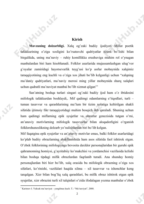 faol ishtirok etgan. o’zbek folklorining mifologiyaga bevosita daxldor personajlaridan bir guruhi epik qahramonning homiysi, g’ayritabiiy ko’makchisi va yordamchisi vazifasida kelishi bilan boshqa tipdagi mifik obrazlardan faqrlanib turadi. ana shunday homiy personajlardan biri hizr bo’lib, xalq orasida bu mifologik obrazning o’ziga xos sifatlari, ko’rinishi, vazifalari haqida xilma – xil tasavvur va ishonchlar keng tarqalgan. xizr bilan bog’liq xalq qarashlari, bu mifik obraz ishtirok etgan epik syujetlar, xizr obrazini turli xil talqinlari o’zida ifodalagan yozma manbalar o’zbek folklorida bu obraz bilan aloqador mifologik qarashlar silsilasi mavjudligini ko’rsatadi. bu esa mazkur mifologik obrazlarning qadimiy ildizlarini aniqlash, xizr xaqidagi xalq qarashlarining kelib chiqishi, manbalari va evolutsiyasi bosqichlarini tahlil qilish, shuningdek bu obrazning folklor asarlardagi badiiy tasviri va epik funktsiyalarini ilmiy tadqiq etish zarurligini ko’rsatadi. ana shularning barchasi mazkur ilmiy tadqiqot mavzusining dolzarbligini belgilaydi. muammoning o’rganilish darajasi. o’zbek folklorshunosligida. mifologik obrazlarning mohiyati, genetic ildizlari va epik talqini masalsi g’.akramov, b.sarimsoqov, m.jo’rayevlar tomonidan tadqiq qilingan. shuningdek, …