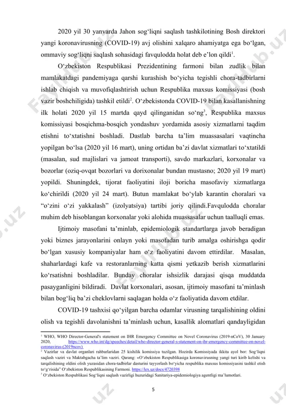 bо‘lishi mumkin bо‘lgan har bir kishi, covid-19 testi natijalariga qarab, kamida 14 kun karantinga olindi. chet eldan о‘zbekistonlik fuqarolarning uylariga qaytib kelishiga kо‘maklashish choralari ham kо‘rildi. xorijdan olib kelingan barcha fuqarolar markazlashtirilgan muassasalarda karantinga olindilar. respublikaning barcha hududlarida ixtisoslashtirilgan tibbiyot muassasalari va karantin zonalari tashkil qilindi. masalan, toshkent, namangan va surxondaryo viloyatlarida karantin zonalari tashkil qilinib, toshkent viloyatining zangiota tumanida ming о‘rinli ixtisoslashtirilgan kо‘p matrmoqli shifoxona barpo etildi. bunday choralar natijasida 2020 yil mart oyidan aprelgacha koronavirus bilan kasallanish holatlari ancha kamaydi va covid-19 virusidan sog‘ayganlar soni ortdi. 2020 yilning may oyiga kelib bu koronavirusdan sog‘ayganlar soni minimal darajagacha qisqardi. 1-rasmga qarang. 1-rasm. о‘zbekistonda covid-19 bо‘yicha vaziyat (2020 yilning may oyi) prezident sh. mirziyeyov 2020 yilning 19 martida koronavirus pandemiyasining iqtisodiyot tarmoqlariga salbiy ta’sirini yumshatish uchun birinchi navbatdagi chora-tadbirlar haqida e’lon qildi[footnoteref:4]. unga kо‘ra, iqtisodiyotni tiklash va sog‘liqni saqlash tizimini yaxshilash maqsadida, о‘zbekiston respublikasi moliya vazirligi huzurida 10 trln sо‘m …