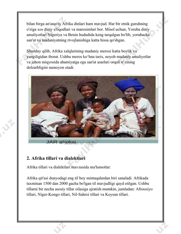 a nigerda yashaydi. ularning urf-odatlari musulmonchiligi bilan chambarchas bog'liq, jumladan, ramazon va eid kabi diniy bayramlar. shanba va yakshanba kunlari esa an'anaviy bazmlarni o'tkazishadi, bunda an'anaviy musiqa va raqslar ijro etiladi. 4. **maasai xalqining urf-odatlari**: keniya va tanzaniyada yashovchi maasai xalqi an'anaviy hayoti bilan mashhur. ular o'zlarini chorva mollari bilan o'lchashadi va bu ularning boyligi hisoblanadi. maasai xalqining urg'u beradigan urf-odati bu sakrash raqsidir, bu raqslar turli marosimlarda ijro etiladi. 5. **dogon xalqining urf-odatlari**: maliya hududida yashovchi dogon xalqini o'ziga xos an'anaviy san'at va me'morchilik bilan tanilgan. ularning urf-odatlari orasida maskarad va raqslar mavjud, bularning barchasi diniy va ijtimoiy bayramlarda ishtirok etadi. 6. **ashanti xalqining urf-odatlari**: gana hududida yashovchi ashanti xalqining urf-odatlari o'zining chiroyli to'y marosimlari va boshqa bayramlari bilan fama qozongan. ashanti xalqining urf-odatlari kulgili va rang-barang liboslar, musiqa va raqslarni qamrab oladi. 7. **berber xalqining urf-odatlari**: shimoliy afrikada yashovchi berber xalqi ko'p asrlik urf-odatlarga ega. an'anaviy to'y va …