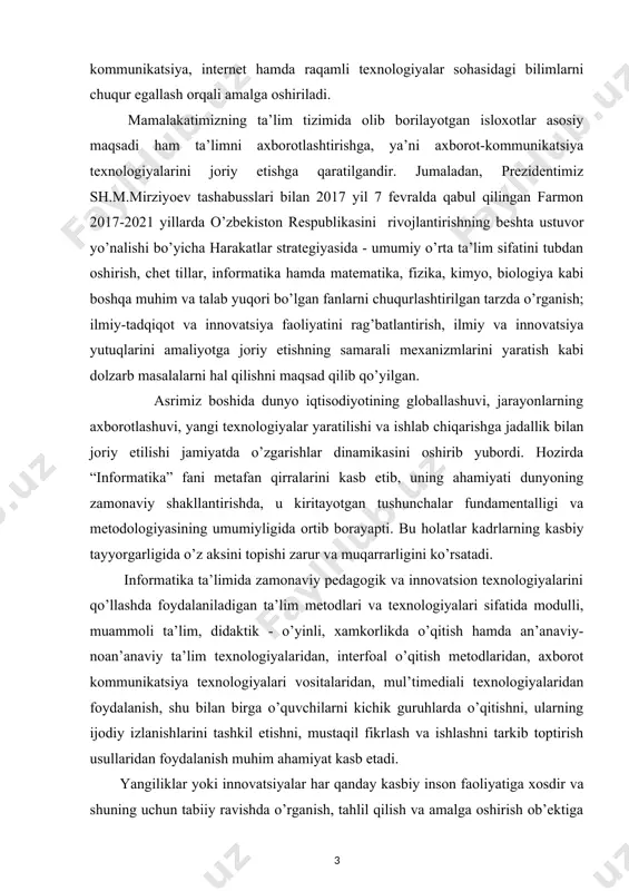 dagogik tajribasi natijasidir. bu jarayon o’z-o’zidan bo’lishi mumkin emas, uni boshqarish kerak. kurs ishining maqsad va vazifalari: o`quvchilarga matn protsessorida hujjatlarda bilan ishlash haqida bilim va ko`nikma hosil qilish; matn protsessorida hujjatlarda bilan ishlash mavzusini o'qitishda innovatsion ta'lim texnologiyalaridan foydalanish. matn protsessorida hujjatlarda bilan ishlash mavzusini o'qitish bo'yicha ta'lim tashkil etish usullari kurs ishi ob’yekti va predmeti: word dasturi va uning imkoniyatlari. microsoft word matn muxarriri.microsoft word matn muxarririda ishlash ko’nikmalarini shakllantirishda innovatsion ta’lim texnologiyalaridan foydalanishning usullari kurs ishning tadqiqot uslubi va uslubiyoti: ilmiy ommabop manbalardan to’plangan ma’lumotlar tahlil qilib,xulosa va takliflar qilish. kurs ishi tuzilishi: bajarilgan kurs ishi kirish qismi, ikkita bob va qilingan xulosalardan iborat. ishda o’rganilishi e’tiborga olingan ma’lumotlar tushunarli ravishda ifodalash uchun chizma jadvallar va rasmlar berildi. ishga qo’yilgan maqsadga erishishi uchun to’plangan adabiyotlar manbalarning nomlari va elektron manzillari keltirildi. i-bob. matn protsessorida hujjatlarda bilan ishlash mavzusini o'qitishning nazariy asoslari 1.1. word dasturi va uning imkoniyatlari.microsoft …