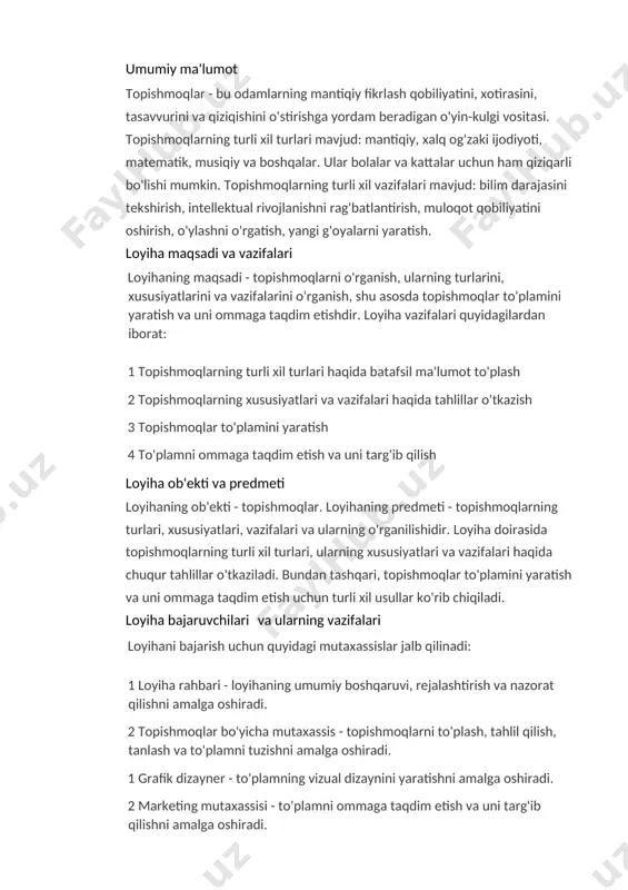 ni amalga oshiradi. 2 marketing mutaxassisi - to'plamni ommaga taqdim etish va uni targ'ib qilishni amalga oshiradi. loyihaning tashkiliy-huquqiy asoslari loyiha ijrosi o'zbekiston respublikasi qonunchiligiga muvofiq amalga oshiriladi. loyihaning huquqiy asosini o'zbekiston respublikasi "ta'lim to'g'risida"gi qonuni, "madaniyat to'g'risida"gi qonuni, "ijodkorlik va madaniy faoliyat to'g'risida"gi qonuni va boshqa tegishli qonun hujjatlari tashkil etadi. loyiha bajaruvchilar o'z vazifalarini loyiha shartnomasida belgilangan shartlarga muvofiq bajaradi. loyiha bosqichlari va rejasi loyiha quyidagi bosqichlarda amalga oshiriladi: 1. tayyorlash bosqichi (1 oy): loyiha g'oyasini ishlab chiqish, maqsadlarni belgilash, loyiha guruhini shakllantirish, resurslarni taqsimlash. 2. tadqiqot bosqichi (2 oy): topishmoqlarning turli xil turlari haqida ma'lumot to'plash, ularning xususiyatlari va vazifalari haqida tahlillar o'tkazish, topishmoqlar to'plamini shakllantirish. 3. tuzish bosqichi (1 oy): to'plamni vizual dizaynini yaratish, to'plamni nashr etish uchun tayyorlash. 4. taqdimot bosqichi (1 oy): to'plamni ommaga taqdim etish, uni targ'ib qilish va qiziqish uyg'otish. loyihaning moliyaviy smetasi loyihani amalga oshirish uchun quyidagi xarajatlar talab etiladi: xarajatlar …