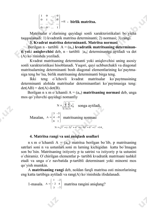 mashtirishlar yordamida «trapetsiyasimon matri-tsa» ko`rinishiga keltiriladi. trapetsiyasimon matritsa deb, bosh diago-naldan yuqorida yoki quyida joylashgan har bir elementi nolga teng bo`lgan matritsaga aytiladi. trapetsiyasimon matritsaning rangi yoki xuddi shuning o`zi dastlabki matritsaning rangi trapetsiyasimon matri-tsaning noldan farqli bosh diagonal elementlari soniga teng. masala. matritsaning rangini nollar yig`ish usulida aniqlang? berilgan dastlabki matritsa ustida quyidagicha elementar almashtirishlar bajaramiz va uning ko`rinishini trapetsiyasimon ko`rinishga keltiramiz: ( ( trapetsiyasimon matritsa bosh diagonal elementlaridan ikkitasi nol-dan farqli bo`lgani uchun uning rangi va shu bilan birga berilgan matri-tsa rangi ikkiga teng. teskari matritsa va uni qurish 1. teskari matritsa haqida tushuncha n – tartibli kvadratik a = (aiκ) matritsa berilgan bo`lsin. agar a matritsa determinanti noldan farq qilib, uning rangi tartibi n ga teng bo`lsa, matritsaga maxsusmas matritsa deyiladi. agarda det(a) = 0 bo`lib, ran-gi n dan kichik bo`lsa, a matritsaga maxsus matritsa deyiladi. teorema. ikki teng tartibli kvadrat matritsalarning ko`paytmasi, ko`paytuvchi matritsalarning har biri …