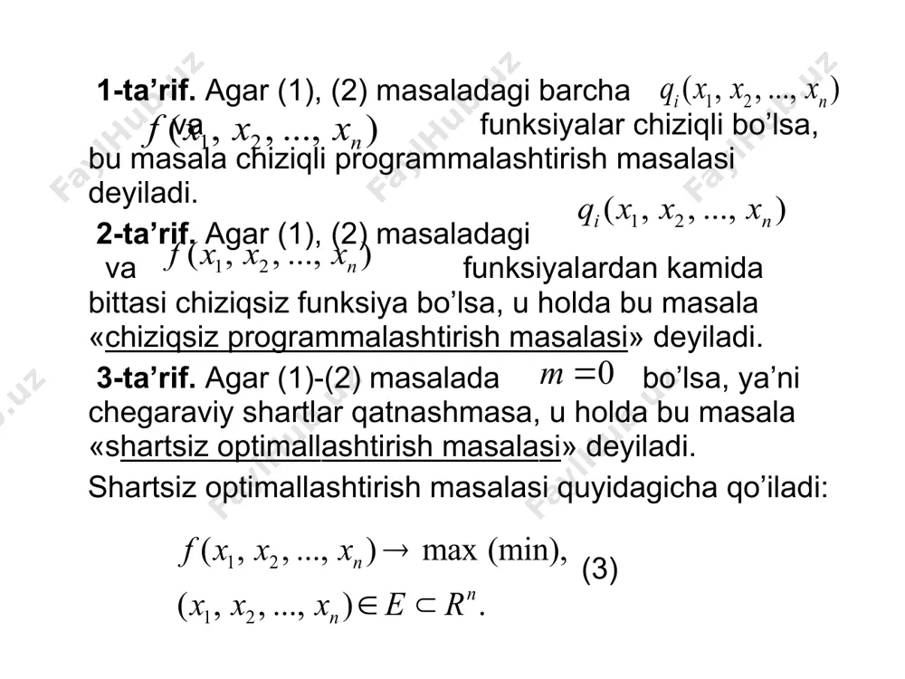 ardan iborat bo’ladi. chegaraviy shartlari haqida to’liq ma’lumot bo’lmagan optimallashtirish masalalari «stoxastik masalalar» deb ataladi. parametrlari o’zgaruvchan miqdor bo’lib, ular vaqtning funksiyasi deb qaralgan masalalar «dinamik programmalash masalasi» deyiladi. chiziqsiz programmalash masalasining geometrik tаlqini. chiziqli programmalash masalalarining asosiy xusysiyatlari takrorlab o’tamiz: birinchidan, uning jоiz rеjаlar to’plami, ya’ni masalaning chegaraviy shartlarini va noma’lumlarning nomanfiylik shartlarini qanoatlantiruvchi nuqtalar to’plami qavariq bo’ladi; ikkinchidan, maqsad funksiyasi o’lchovli fazoning gipertekisliklar oilasini tashkil etadi; uchinchidan, maqsad funksiyaning jоiz rеjаlar to’plamidagi har qanday minimumi (maksimumi) global (absolyut) minimumdan (maksimumdan) iborat bo’ladi; to’rtinchidan, agar maqsad funksiya chеkli qiymаtgа egа bo’lsа, jоiz rеjаlar to’plamini ifodalovchi ko’pburchakning kamida bitta uchi optimal yechimni beradi; rеjаlar ko’pburchagining uchlari (burchаk nuqtalari) bazis yechim deb ataladi; bazis yechimdagi hamma noma’lumlar (bazis o’zgaruvchilar) qat’iy musbat bo’lgan holdagi yechim xosmas bazis yechim va agar ulardan kamida bittasi nolga teng bo’lsa, xos bazis yechim deyiladi; bazis yechim optimal yechim bo’lishi uchun maqsad funksiyaning bu yechimdagi qiymati boshqa …