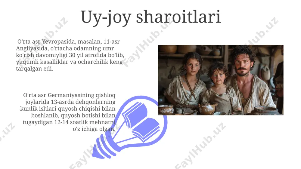 an. kundalik hayot oʻrta asr yevropasida 1000 dan ortiq shaharlar mavjud boʻlib, ularning aksariyati 5000 dan kam aholi yashaydigan kichik aholi punktlari edi. 1347-yilda qora oʻlim deb nom olgan vabo epidemiyasi yevropada 25 million kishining halok boʻlishiga sabab boʻlgan va jamiyat tuzilmasiga jiddiy taʼsir koʻrsatgan. kiyim-kechak 01 02 kiyim-kechak rangi ijtimoiy mavqe va boylikni ifodalagan. masalan, qizil rang boylik va obroʻ belgisidir, koʻk esa cherkov bilan bogʻliq edi. 15-asrga kelib yangi trendlar paydo boʻla boshladi. sales 1st qtr 2nd qtr 100 0 sales 1st qtr 2nd qtr 100 0 urush va tinchlik 15-asrga kelib, qora dengizdan germaniyagacha boʻlgan hududda 500 dan ortiq yirik savdo yoʻllari mavjud boʻlib, bu yerda turli tovarlar, shu jumladan, ip, mato va ziravorlar almashtirilgan. oʻrta asr yevropasida, ayniqsa, 12-14-asrlarda qishloq xoʻjaligi mahsulotlarining 80% dan ortigʻi dehqonlar tomonidan isteʼmol qilingan va faqat oz miqdori bozorga chiqarilgan. ta'lim va madaniyat 12-asrda rim huquqiy anʼanalarining qayta tiklanishi yevropa universitetlarida …