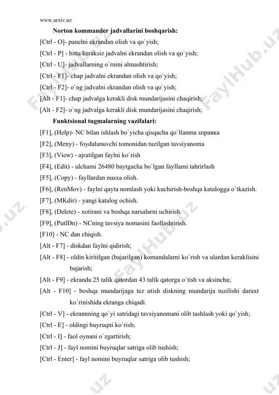 mida amalga oshiriladi: [ctrl-s] yoki [(] - bir belgi chapga; [ctrl-d] yoki [(] - bir belgi o`ngga; [ctrl-a] yoki [ctrl-(] - bir so`z chapga; [ctrl-f] yoki [ctrl-(] - bir so`z o`ngga; [ctrl-e] yoki [(] - bir satr yuqoriga; [ctrl-x] yoki [(] - bir satr quyiga; [ctrl-r] yoki [pageup] - bir sahifa yuqoriga; [ctrl-c] yoki [pagedn] - bir sahifa quyiga; [home] - satr boshiga; [end] - satr oxiriga; [ctrl-home] - fayl boshiga; [ctrl-end] - fayl oxiriga; uchirish: [ctrl-h] yoki [backspace] - kursorni chap tomondagi bir belgini; [ctrl-g] yoki [del] - kursor turgan belgini; [ctrl-t] - kursorning o`ng tomonidagi bir so`zni; [ctrl-w] yoki [ctrl-backspace] - kursorning chap tomonidagi bir so`zni; [ctrl-y] - satrni; [ctrl-k] - kursor turgan belgidan satr oxirigacha. norton commander menyusining daraxt kurinishi: (left va right (chap va o`ng oynalar axborotlarni chiqarish) ---brief (katolog va fayllarning faqat nomi va kengaytmasi uchta ustunda ko`rsatiladi) ---full (oynadagi axborotni to`liq ko`rsatish) ---info (ekranga …