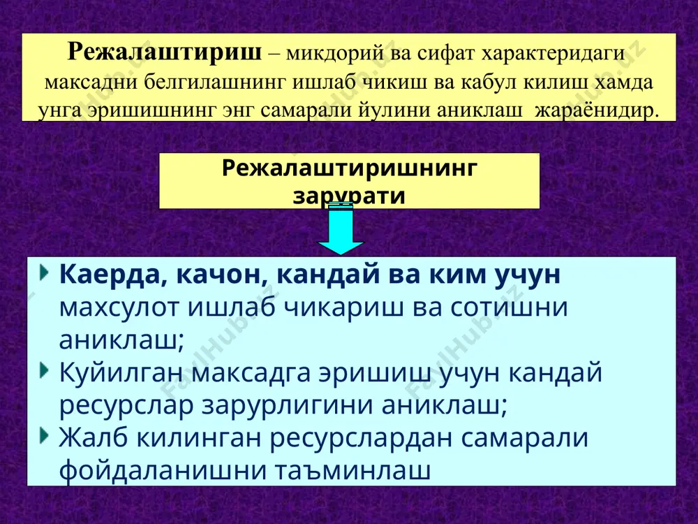 эришиш усулларини характерловчи хамда унинг даромад ва харажатларини ўзаро богловчи хужжатдир. молиявий режалаштириш боскичлари корхона молиявий холатини тахлили; прогноз схемалари ва бюджетларни тузиш; молиявий ресурсларга булган умумий талабини аниклаш; молиялаштириш манбалари тузилмасини прогнозлаш; бошкариш ва назорат тизимини яратиш ва куллаш; режаларга узгартиришлар киритиш тадбирларини ишлаб чикиш. молиявий режалаштириш асосида стратегик ва ишлаб чикариш режалари ётади молиявий режалаштириш стратегик режа ишлаб чикариш режаси корхонанинг максади, вазифаси, масштаби ва фаолият сохасини белгилаш ишлаб чикариш, маркетинг, илмий – тадкикот, инвестицион сиёсатларни аниклаш молиявий режанинг 2 асосий тури мавжуд булиб, улар киска ва узок муддатли молиявий режа хисобланади. киска муддатли молиявий режанинг максади молиявий баркарорлик нуктаи назаридан корхонанинг кенгайиш суръатини аниклаш хисобланади. узок муддатли молиявий режанинг максади корхонанинг доимий тулов кобилиячтини таъминлаш хисобланади. 2.молиявий режалаштиришнинг турлари. молиявий режа булимлари 1. инвестицион сиёсат асосий воситаларни молиялаштириш нмаларни молиялаштириш узок муддатли молиявий куйилмалар 2. айланма активларни бошкариш пул маблаглари ва эквивалентлар и/ч захиралари молиялаштириш дебеторлик карзларини …
