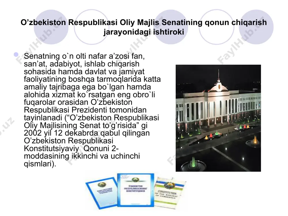 chilik palatasi bilan birgalikda ish olib borish yo’li bilan amalga oshadi. o’zbekiston respublikasi konstitutsiyasining 83-moddasiga muvofiq qonunchilik tashabbusi huquqining sakkiz subyektidan (o’zbekiston respublikasi prezidenti, o’zbekiston respublikasi vazirlar mahkamasi, oliy majlis qonunchilik palatasi deputatlari, o’z davlat hokimiyatining oliy vakillik organi orqali qoraqalpog’iston respublikasi, konstitutsiyaviy sud, oliy sud, oliy xo’jalik sud, bosh prokuror) biri tomonidan qonun loyihasi dastavval oliy majlisning qonunchilik palatasiga kiritiladi. senat tomonidan kelishuv komissiyasi tuzish tashabbusi bilan chiqish tartibi agar qonunchilik palatasi tomonidan qabul qilinib, maqullash uchun senatga yuborilgan qonunni parlamentning yuqori palatasi kelishuv komissiyasi tuzish orqali uni ishlab maromiga yetkazish sharti bilan rad qilgan bo’lsa, bunday kezlarda qonun senatning mas’ul qo’mitasi taklifi bilan quyi palataga qaytariladi. shundan keyin kelishuv komissiyasiga tuzish tartib-taomillari boshlanadi. hozirgi vaqtda o’zbekiston respublikasi oliy majlisning tarkibida qo’yidagi doimiy qo’mitalar va komissiyalar tuzilgan: . byudjet, bank va moliya masalalari qo’mitasi; 2. qonunchilik va sud-huquq masalalari qo’mitasi; 3. xalqaro ishlar va partlamentlararo aloqalar qo’mitasi; 4. agrar, …