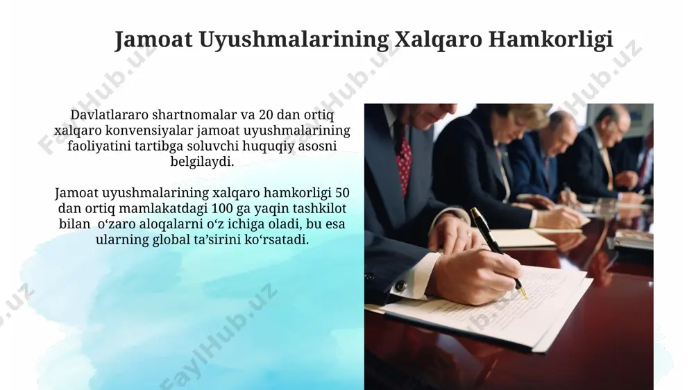 utsiyasining 30-moddasi fuqarolarga jamoat uyushmalari tuzish huquqini kafolatlaydi, bu esa inson huquqlari va erkinliklarini amalga oshirishga xizmat qiladi. jamoat uyushmalari faoliyatining qonuniyligi, konstitutsiya va qonunlarga muvofiqligi bilan belgilanadi, bu inson huquqlari himoyasini ta’minlashga yordam beradi. kamida 5 nafar a’zosi boʻlishi shart. jamoat uyushmalarining tashkil etilishi va ro'yxatdan o'tkazilishi oʻzbekiston respublikasining 2002-yil 15-apreldagi “jamoat birlashmalari toʻgʻrisida”gi qonuni jamoat uyushmalarining tashkil etilishi va roʻyxatdan oʻtkazilishi tartibini belgilaydi, bu jarayonda kamida 7 nafar a’zo talab qilinadi. jamoat uyushmalarini roʻyxatdan oʻtkazish jarayoni adliya vazirligi huzuridagi tashkilotlar tomonidan amalga oshiriladi va roʻyxatdan oʻtkazish uchun hujjatlar toʻplami talab qilinadi, ular orasida nizom ham bor. davlatning jamoat uyushmalariga munosabati jamoat uyushmalarining faoliyati, 1991-yildan keyin qabul qilingan qonunlar bilan tartibga solingan boʻlib, davlat nazorati va aralashuvini cheklaydi, lekin ularning noqonuniy faoliyatini oldini oladi. davlatning jamoat uyushmalariga munosabati oʻzbekiston konstitutsiyasining 7-moddasida, fuqarolarning birlashish erkinligi kafolatlangan holda, aniq ifodalanadi, bu erda 20 dan ortiq tashkilot turlari roʻyxatdan oʻtkazilishi mumkin. e'tiboringiz …