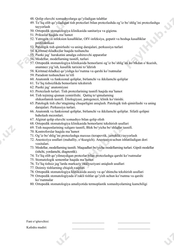 i asosiy tekshirish usullari 44. tish tojining qisman yedirilishi, tish qattiq to’qimalarining shikastlanishi 45. kasallik tarixining tibbiyot va yuridik hujjat sifatidagi ahamiyati 46. ortopedik stomatologiya amaliyotida qo’llaniladigan plastmassalar, ularning turlari 47. olib qo’yilmaydigan protezlar bilan protezlashga qarshi ko’rsatmalar 48. qolip oluvchi xomashyolarga qo’yiladigan talablar 49. to’liq olib qo’yiladigan tish protezlari bilan protezlashda og’iz bo’shlig’ini protezlashga tayyorlash 50. ortopedik stomatologiya klinikasida sanitariya va gigiena. 51. prikuslar haqida ma’lumot 52. yatrogen va infeksion kasalliklar, oiv-infeksiya, gepatit va boshqa kasalliklar profilaktikasi 53. patalogik tish qimirlashi va uning darajalari, perkussiya turlari 54. kiritma(vkladka)lar haqida tushuncha 55. pastki jag’ harakatini amalga oshiruvchi apparatlar 56. modellar, modellarning tasnifi, turlari 57. ortopedik stomatologiya klinikasida bemorlarni og’iz bo’shlig’ini ko’rikdan o’tkazish, anamnez yig’ish, kasallik tarixini to’ldirish 58. kiritma(vkladka) qo’yishga ko’rsatma va qarshi ko’rsatmalar 59. paradont tushunchasi ta’rifi 60. anatomik va funksional qoliplar, birlamchi va ikkilamchi qoliplar 61. to’liq tishsizlikda bemorlarni tekshirish 62. pastki jag’ anatomiyasi 63. protezlash turlari. tish …