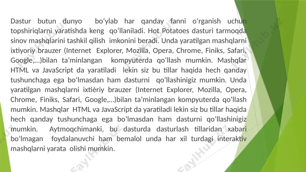 bunda ta’lim oluvchi hint tugmasidan foydalanishi mumkin. bu tugma so‘zni tashkil etuvchi harflarini bittadan ko‘rsatib, yordam berish vazifasini o‘taydi. bunda baholash mos ravishda murojaatlar soniga bog‘liq bo‘ladi. sinov mashqining bu shakli so‘zlarni yodda tutishga undash bilan birgalikda, uni orfografik xatosiz yozishni o‘rgatadi. gibrid sinov mashqida alternativ savol bilan qisqa javobni yozish mashqi kombinatsiyalashadi. ya’ni ta’lim oluvchi bir necha hint ѐrdamchi tugma urinishlardan so‘ng ham javobni yozishda qiynalsa check tugmasini bosishi bilan savol alternativ ko‘rinishda namoyon bo‘ladi. albatta bunda ham baholash mos ravishda murojaatlar soniga bog‘liq bo‘ladi. multi tanlovli sinov mashqi tashkil qilinganda javob variantlaridan bir javoblarni barchasini tanlamaguncha baho e’lon qilinmaydi (5-rasm). bu sinov mashqi an’anaviy alternativ test sinovidn farq qilib, ta’lim oluvchi fikrlash doirasini kengaytiradi. jcloze dasturida sinov mashqi quyidagicha tashkil qilinadi. gapning orasiga shunday kiritish maydonchalar tashkil qilinadiki, bu maydonchadagi so‘zlar gapning kaliti hisoblanadi. ya’ni kalit so‘z gapni to‘ldiradi. bunday maydonchalarni xohlagancha tashkil qilish mumkin. har bir kalit …
