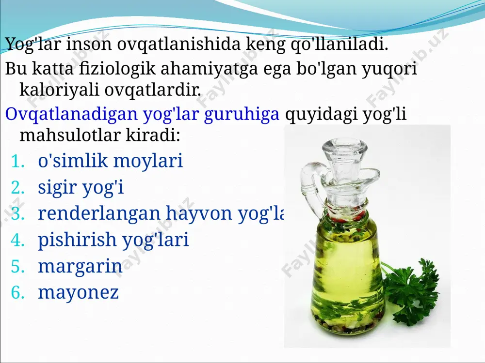 ustunligi bilan yarim quritish ; zaytun moyi kabi yog'lar, havoda qurib ketmaydi, oleyk kislotasi ustunlik qiladi (zaytun, xantal, kolza); kastor yog'i, quritmaydigan, ritsinoleik kislota ustunligi bilan oksid kislotalar . ovqatlanadigan yog'larning kimyoviy tarkibi o'simlik moylarida 99,9% yog', 0,1% suv mavjud. 100 g tozalangan yog'ning kaloriya tarkibi 899 kkal, tozalanmagan, gidratlangan - 898 kkal. yog'lar yuqori darajada so'rilishi, yog'da eriydigan vitaminlar - provitamin a, e vitaminlari bilan ajralib turadi. sariyog ' tarkibida 52-82,5% yog', 0,5% oqsil, 0,9% kul, 16-20% namlik mavjud. 100 g yog'ning energiya qiymati 556 dan 748 kkalgacha. sut yog'ining erish nuqtasi 28-34 s ni tashkil qiladi, bu uning yuqori hazm bo'lishini 96-98% ni tashkil qiladi. yog 'tarkibida qimmatli ko'p to'yinmagan yog'li kislotalar linoleik, linolenik va past to'yinmagan stearin kislotasi mavjud. qaynatilgan hayvon yog'larida 99,7% yog', 0,3% suv mavjud. 100 g eritilgan yog'ning energiya qiymati 897 kkal. yog'lar tarkibida a, e vitaminlari, xolesterin - 100 g mahsulot uchun 0,10 …