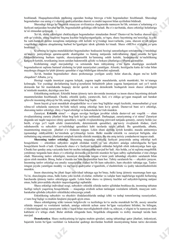 i omillardir. ikkinchidan, turli mamlakatlar va xalqlar, tsivilizatsiyalar va o'ziga xos milliy jamiyatlarning yo'llari va taqdirlarini tushunishning dastlabki bosqichidayoq tarixiy jarayonning birligini, har bir xalqning o'ziga xosligi va o'ziga xosligini u yoki bu tushunish bilan bog'liq muammolar paydo bo'ladi. sivilizatsiya. ba'zi mutafakkirlar uchun insoniyat tarixi ichki birlikka ega bo'lsa, boshqalar uchun bu muammoli. uchinchidan, ko'pgina ta'limotlarda tarix aniq yoki yashirin teleologik (maqsadni belgilash) xususiyatga ega. dinda bu chiliistik esxatologiya (er yuzi tarixining oxiri haqidagi ta'limot), materialistik falsafada - taqdirning o'zgarmasligi bilan insoniyatni yorqin kelajakka olib keladigan ijtimoiy rivojlanish qonunlarining o'ziga xos avtomatizmi yoki aksincha. jahon kataklizmiga. to'rtinchidan, tarix harakatining tabiatiga kirib borish istagi. bu erda ham o'ziga xos dixotomiya - chiziqli yoki tsiklik harakat paydo bo'ldi. beshinchidan, tarix o'ziga xos rivojlanish bosqichlariga (bosqichlari va boshqalar) ega bo'lgan jarayon sifatida tushuniladi. ba'zi mutafakkirlar tirik organizmga (bolalik, o'smirlik va boshqalar) o'xshatishdan boshlaydilar, boshqalari esa inson mavjudligining biron bir elementi yoki tomonlari (din, …