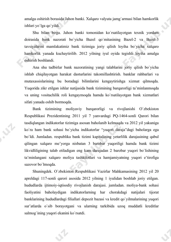 kelmoqda va 2012 yil yakuniga ko`ra ham bank sohasi bo`yicha indikatorlar “yuqori daraja”dagi baholarga ega bo`ldi. jumladan. respublika bank tizimi kapitalining yetarlilik darajasining qabul qilingan xalqaro me’yorga nisbatan 3 barobar yuqoriligi hamda bank tizimi likvidliligining talab etiladigan eng kam darajadan 2 barobar yuqori bo`lishining ta’minlangani xalqaro moliya tashkilotlari va hamjamiyatning yuqori e’tirofiga sazovor bo`lmoqda. shuningdek. o`zbekiston respublikasi vazirlar mahkamasining 2012 yil 20 apreldagi 117-sonli qarori asosida 2012 yilning 1 iyulidan boshlab joriy etilgan. hududlarda ijtimoiy-iqtisodiy rivojlanish darajasi. jumladan. moliya-bank sohasi faoliyatini baholaydigan indikatorlarning har chorakdagi natijalari tijorat banklarining hududlardagi filiallari depozit bazasi va kredit qo`yilmalarining yuqori sur’atlarda o`sib borayotgani va ularning tarkibida uzoq muddatli kreditlar salmog`ining yuqori ekanini ko`rsatdi. “mudis” agentligining hisobotida o`zbekistondagi bank tizimi barqarorligining asosiy omillari sifatida mamlakatimizdagi qulay iqtisodiy sharoit. faol investitsiya siyosati va banklar kapitallashuvining yuqori darajada ekani ko`rsatib o`tilgan. “bizning fikrimizcha. - deb ta’kidlanadi hisobotda. -o`zbekistondagi makroiqtisodiy shart-sharoit banklarning umumiy operatsion muhitiga ijobiy ta’sir o`tkazadi. …