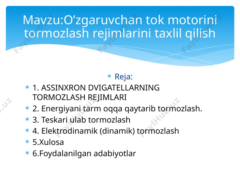 agnit maydoni kesib o‘tadi, rotor simlarini esa teskari yo‘nalishda kesib o‘tadi. shuning uchun rotor eyk e2 o‘z ishorasini o‘zgartiradi, ya’ni e!2s = (-s) е'з» -e^s. rotordagi tok quyidagiga teng bo‘ladi: energiyani tarm oqqa qaytarib tormozlash bu ifodadan ko‘rinib turibdiki, ad generator rejimiga o‘tishi bilan faqat rotor tokining aktiv tashkil etuvchisi o‘z yo‘nalishini o‘zgartiradi. chunki dvigatel o‘qidagi aylantiruvchi moment dvigatel rejimiga nisbatan o‘z yo‘nalishini o‘zgartirgani uchun /2 a tokining aktiv tashkil etuvchisi ishorasining o‘zgarishi elektromagnit quvvatining manfiy bo‘lishiga olib keladi, ya’ni tarmoqqa qaytariladi, chunki s < 0 bo‘lib р=!ц /'i • r2'/ s=mi o',2 s)2+x£d) assinxron dvigatellarda reaktiv statik moment mavjud b o iganda energiyani tarmoqqa qaytarib, generator tormozlashni ularning qutblar sonini o‘zgartirish yoki aylanish tezligini chastotali, chastota-tokli va vektor usulida rostlab amalga oshirish mumkin. birinchi holda (4.8-rasm, a) mashina statorini kam qutblar sonidan ko‘p qutblar soniga o‘zgartirib, sinxron tezlik kamaytiriladi (o02 < (ooi va bunda butun davr davomida dvigatel ikkinchi …