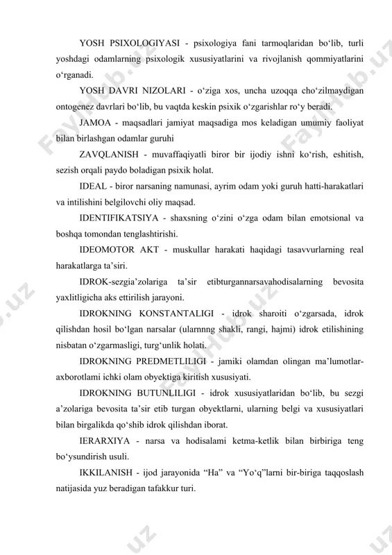 i. idrokning predmetliligi - jamiki olamdan olingan ma’lumotlar-axborotlami ichki olam obyektiga kiritish xususiyati. idrokning butunliligi - idrok xususiyatlaridan bo‘lib, bu sezgi a’zolariga bevosita ta’sir etib turgan obyektlarni, ularning belgi va xususiyatlari bilan birgalikda qo‘shib idrok qilishdan iborat. ierarxiya - narsa va hodisalami ketma-ketlik bilan birbiriga teng bo‘ysundirish usuli. ikkilanish - ijod jarayonida “ha” va “yo‘q”larni bir-biriga taqqoslash natijasida yuz beradigan tafakkur turi. imidj - shaxsning boshqalar tomonidan tan olinadigan o‘ziga xos xususiyatlari. individ - biologik turga kiruvchi alohida tirik mavjudot. inst1nkt - organizmning hayotiy ehtiyojlarining qondirilishi munosabati bilan namoyon bo‘ladigan, nasldan-naslga o‘tadigan tug‘ma harakatlar tizimi. intervyu - bu ijtimoiy psixologiya metodi bo‘lib, qo‘yilgan savollarga berilgan javob tariqasida axborotlarni to‘plash usuli. interiorizatsiya - tashqi amaliy harakatlarning ichki aqliy amallarga aylanish jarayoni. interferensiya-malakalardagi salbiy ta’sir bo‘lib, bunda eski malaka yangisining shakllanishiga xalaqit beradi. introversiya - shaxs uchun o‘z fikrlari, sezgilari, kechinmalarining birlamchi qadr-qiymatga egaligi. introspeksiya - kishining o‘z-o‘zini kuzatishidan iborat metod. infantilizm …