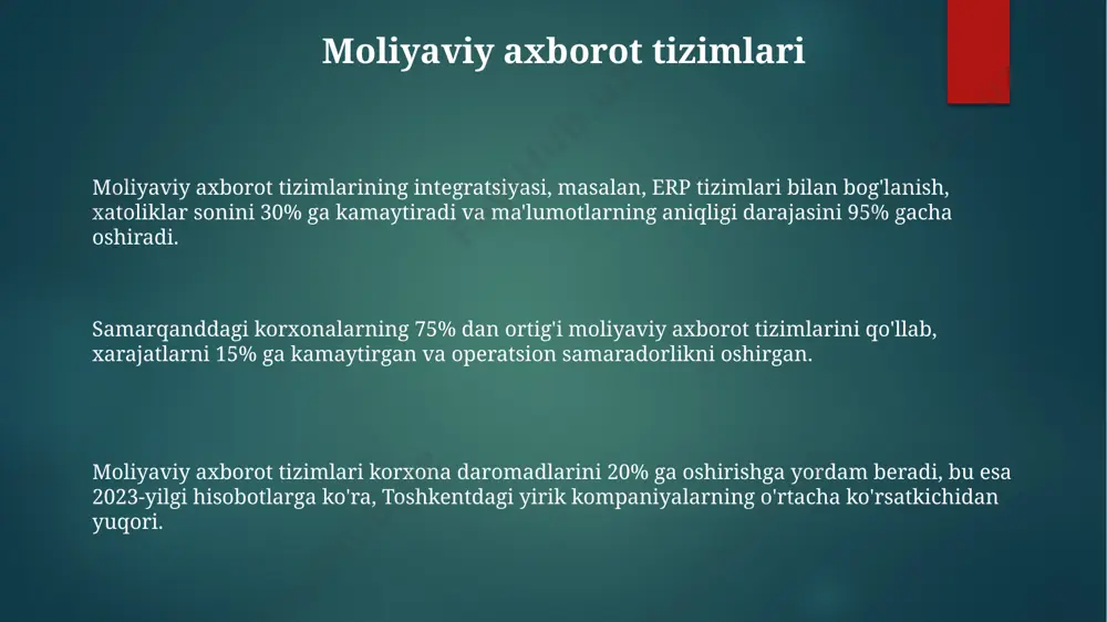 birkorlari kapitalni boshqarishda 5 yillik strategik reja tuzish orqali foydani 15% ga oshirishga erishdi. bu, uzoq muddatli investitsiyalarni samarali rejalashtirishning ahamiyatini ko'rsatadi. 2022-yilda toshkentdagi yirik korxonalarning 70% dan ortig'i kapitalni jalb qilishda xalqaro moliya institutlarining xizmatlaridan foydalangan. bu esa, investorlar bilan munosabatlarni o'rnatish va moliyaviy rejalashtirishda muhim rol o'ynaydi. xorijiy investitsiyalarni jalb qilishda, masalan, xitoydan kelgan 10 million dollarlik investitsiyalarni qayta ishlashda moliyaviy menejerlarning roli 20% daromad solig'ini to'lash va qonunchilikni bilishda juda muhim ahamiyat kasb etadi. korporativ moliyaviy strategiyaning shakllanishi korporativ moliyaviy strategiyani shakllantirishda 5 yillik moliyaviy prognozlar va 10% dan yuqori rentabellik ko'rsatkichiga erishish uchun toshkentdagi yirik korxonalar investitsiya loyihalarini baholashni o'z ichiga oladi. moliyaviy strategiyani ishlab chiqishda, xalqaro standartlarga (ifrs) muvofiq 3 ta asosiy moliyaviy ko'rsatkichni – rentabellik, likvidlik va to'lov qobiliyatini tahlil qilish muhim ahamiyatga ega. samarqand viloyatidagi korxona uchun moliyaviy strategiya yaratishda, 2024 yil uchun byudjetni rejalashtirish va 7% inflyatsiya darajasini hisobga olish zarur, shuningdek, …
