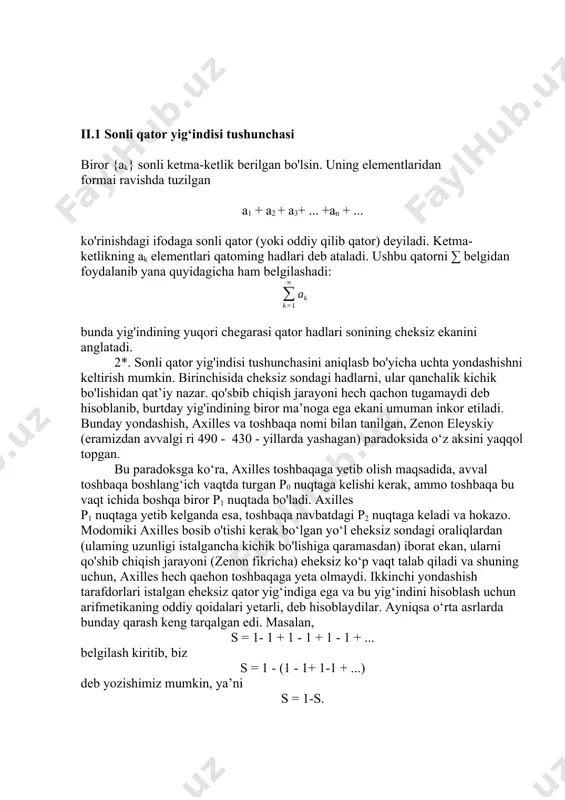 a,uning hadlari nolga yaqinlashadi haqiqatan, agar (9.1.1) qatorning (9.1.2) tenglik bilan aniqlangan sn qismiy yig'mdilari s soniga yaqinlashsa, deb limitga o'tsak, an=sn-sn-1 = (sn -s) - (sn-1-s) ya’ni talab qilingan natijaga ega bo‘lamiz. bu tasdiqning teskarisi o‘rinli emas. bunga misol sifatida, garmonik qator deb ataluvchi, quyidagi qatorni keltirish mumkin: ravshanki, bu qatorning hadlari nolga yaqinlashadi. lekin, agar biz bu qatorni ko'rinishda yozib olib, har bir qavs ichidagi hadlar yig'indisi ½ dan katta ekanini hisobga olsak,uning qismiy yig'indilari ga intilishiga amin bo'lamiz. 9.1.2 - misol. geometrik progressiya hadlaridan tuzilgan quyidagi qatorni qaraymiz: agar |q| ≥ 1 bo‘lsa, ravshanki. |qn| ≥ 1 bo‘ladi. demak, bu holda 9.1.1 - tasdiqqa ko!ra, (9.1.4) qator uzoqlashadi. agarda |q| 0 olganda ham shunday n=n() nomer topilib, n ≥ m ≥ n shartni qanoatlantiruvchi barcha natural m va n sonlar uchun. tengsizlikning bajarilishi zarur va yetarli. isbot (9.1.2) tenglik bilan aniqlangan sn qismiy yig:indilar ketma- ketligi uchun …