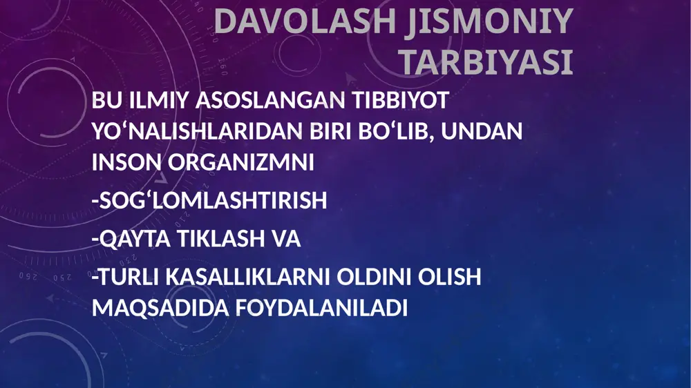 ishi buziladi va mushaklar atrofiyaga uchraydi. bemorlarga beriladigan jismoniy tarbiya vositalari bu holatlarni kamaytirishga, yo‘qotishga va funksiyasini yaxshilashga va qisqa vaqt davomida tiklashga qaratiladi. davolovchi gimnastika muolajasi gips qo‘yilgan birinchi kundan boshlab ochiq joylarga, bo‘sh bo‘g‘imlarga beriladi. gips olinganidan so‘ng har xil mashqlar beriladi (tuzatuvchi, mexanotera-piya, muvozanatga, koordinatsiyaga va h.z) va ular yordamida buzilgan funksiyalar yaxshilanadi va tiklanadi. 4 chiniqqanlikka erishishning asosiy prinsiplari: sistematik (tartiblilik) muntazamlik davomiylik sekin asta yuklamalarni oshirish xar xil vositalar xar taraflama ta’sir etish 5 fizik mashklarini organizmga ta’sir mexanizmi: tonus oshirik ta’siri (stimulyatsiyalovchi) trofik ta’siri kompensator reaksiyasini tuzilishi 6 inson organizmiga jismoniy mashg‘ulotlarni ta’sir mexanizmi davolovchi-profilaktik ta’siri nospetsifik ta’siri patogenetik ta’siri (davolovchi) stmullovchi ta’siri (mns tonusi oshishi, prorotsent, afferentni uzayishi, xamma fiziologik funksiyalarni faollashishi) kompen sator ta’sir oziklantiruvchi ta’sir ns moddalar almashinuvi funksiyasini faollashishi 7 jismoniy mashg‘ulotlarni ta’sir natijalari psixoemotsional yuklamani kamaytirish va chalg‘itish maishiy va jismoniy mexnat yuklamalariga moslashish surunkali kasalliklarda ikkilamchi profilaktika va …