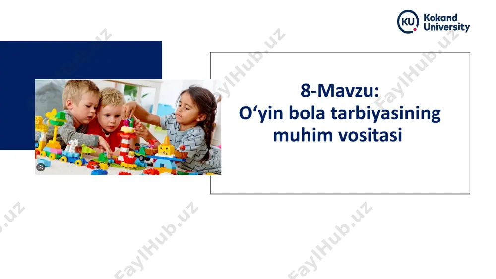 atti-harakatidagi cheklanishlarni tavsiflovchi (diagnostika) 3 4 2 1 ta’lim-tarbiyaviy o‘yinlar rivojalntiruvchi ijodiy o‘yinlar ijodiy o‘yinlar psixotexnik o'yinlar. pedagogik jarayonlarning xarakteriga qarab: 01 02 03 04 05 predmetli o‘yinlar syujetli o‘yinalar dramalashtiruvchi o'yinlar hodisalarni tasavvur etuvchi badiiy-rolli o‘yinalar o'yinlar metodlariga qarab texnikaviy o‘yinlar tasviriy faoliyat o‘yinlari jismoniy tarbiyalovchi o‘yinlar iqtisodiy- tejamkorlik o‘yinlar tadbirkorlik o‘yinalar matematik o‘yinalar musiqali o‘yinalar ekologik o‘yinlar biologik o‘yinalar 09 07 06 06 05 04 03 02 01 predmetlar asosidagi o'yinlar 06 05 04 03 02 01 vositali vositasiz xonada (guruhda) televizorda kompyuterda ochiq xavoda o‘yin vositalari bo‘yicha o'yin jarayonida bolalarga qiziq bo'lgan materiallardan foydalanish. www.magicdiagram.com сделайте свою презентацию волшебной, незабываемой и невероятно красивой. title here title here title here title here title here www.magicdiagram.com сделайте свою презентацию волшебной, незабываемой и невероятно красивой. www.magicdiagram.com сделайте свою презентацию волшебной, незабываемой и невероятно красивой. www.magicdiagram.com сделайте свою презентацию волшебной, незабываемой и невероятно красивой. www.magicdiagram.com сделайте свою презентацию волшебной, незабываемой и …