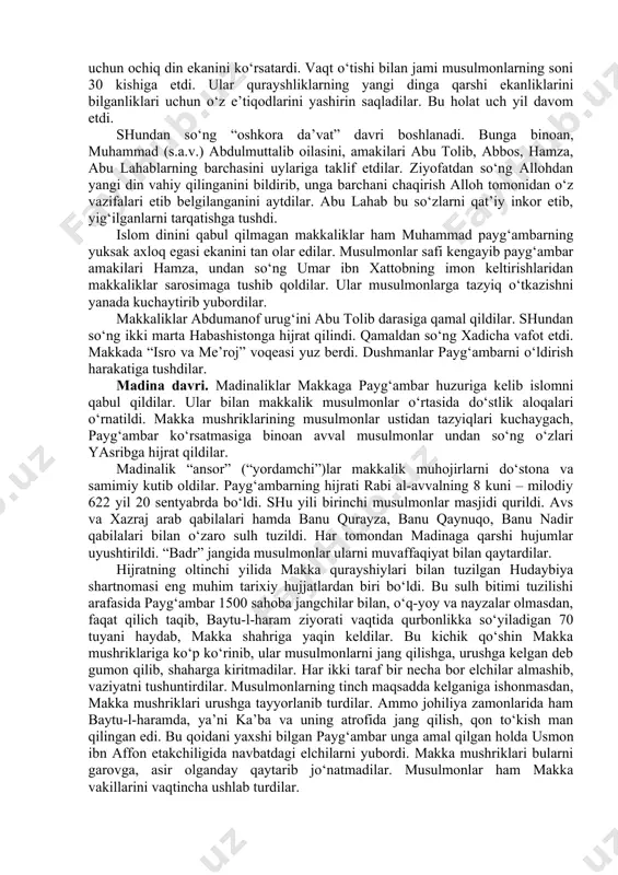 (s.a.v.) 25 yoshga to‘lganlarida banu asad urug‘idan bo‘lgan boy ayol xadicha bint xuvaylid u kishidan o‘zining savdo karvoni bilan birga shomga safar qilishni so‘radi. bu savdodan katta foyda tushdi. muhammadning to‘g‘riso‘z, halol, sadoqatli ekanini ko‘rgan xadicha yoshi ancha katta bo‘lishiga qaramay, taomilga zid ravishda unga sovchi qo‘ydi. bir tomondan amakilari abu tolib, ikkinchi tomondan xadichaning amakivachchasi varaqa rozilik berib nikoh o‘qildi. aynan mana shu ayol rasulullohning etti farzandlaridan oltitasi, ya’ni zaynab, ummu kulsum, ruqiya, fotima, qosim, abdulloni dunyoga keltirgan. faqat bitta o‘g‘il – ibrohim moriyadan tug‘ilgan edi. muhammad (s.a.v.) 35 yoshga kirganlarida makkaliklar ka’bani ta’mir etadilar. uni qayta qurish jarayonida muqaddas sanalgan “hajar al-asvad” (“qora tosh”)ni kim ko‘tarib o‘rniga qo‘yadi, degan masalada tortishib qoladilar. shunda ulardan biri: “ertalab safo eshigidan kim birinchi kirib kelsa, o‘sha bizga hakamlik qilsin” deydi. ertalab safo tarafidan muhammad (s.a.v.) kirib keladilar. uni ko‘rgan olamon “muhammad al-amin (ishonchli muhammad) keldi” deb xursand bo‘ladilar. u zot choponlarini …