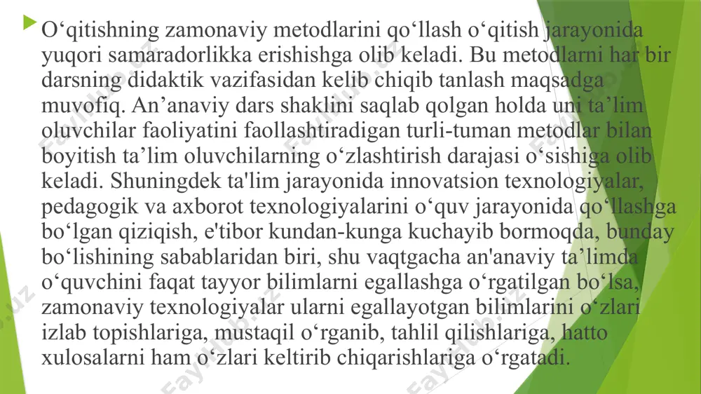 bir qator oqitish usullari haqida soz yuritilmoqda. bu usullar innovatsion metodlar sifatida taqdim etilmoqda. shulardan ona tili darslarida bo‘sh o‘zlashtiruvchi o‘quvchilar bilan qo‘llanishi mumkin bolgan ayrim metodlar xususida so‘z yuritamiz. 1. modulli talim texnologiyasi. bu o‘quvchilarda darslik, ilmiy-ommabop va qo‘shimcha adabiyotlar bilan mustaqil ishlash ko‘nikmalari, ijodiy va mustaqil fikrlashni rivojlantirish maqsadida o‘tkaziladi. modulli ta'lim texnologiyasining o‘ziga xos jihati o‘rganilayotgan mavzu bo‘yicha o‘quvchilarning mustaqil va ijodiy ishlariga imkon beradigan modulli dastur tuzishdir. 2. hamkorlikda oqitish texnologiyasi, uning asosiy g‘oyasi o‘quv topshiriqlarini va faqat birgalikda bajarish emas, balki o‘quvchilarni hamkorlikda o‘qishga o‘rgatadi, ular o‘rtasida hamkorlik, o‘zaro yordam va fikr almashinishi vujudga keltirish. 3. muammoli ta'lim texnologiyasi. muammoli vaziyat yaratish, savollar qo‘yish, masalalar va topshiriqlarni taklif qilish, muammoli vaziyatni yechishga qaratilgan muhokamani uyushtirish va xulosalar to‘g‘riligini tasdiqlashdir. 4. interfaol metod texnologiyasi. o‘quvchilarning ijodkorligiga tayanish, darsda erkin bahs-munozara sharoitini tug‘dirish. buning uchun sinf kichik guruhlarga bo‘linadi va dars davomida shu guruhlar bilan ishlanadi. 5. …