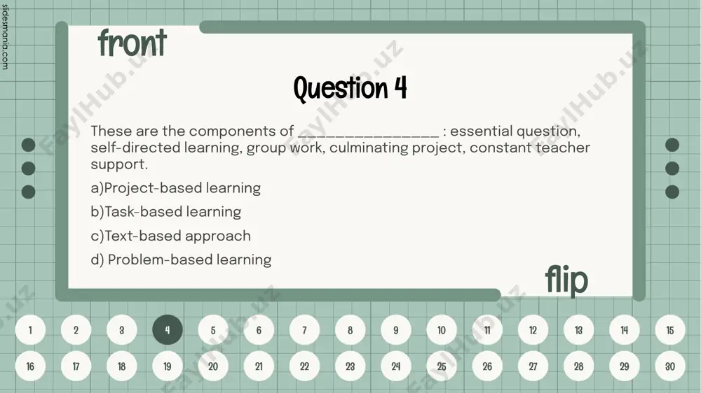 extualized context is developed from the student’s experiences with the language that is not personalized and relevant to them. c)the students will have a much more varied exposure to content with tbl. they will be exposed to a whole range of content areas as well as language forms. d)it is a strong communicative approach where students spend a lot of time communicating. 19 front flip 1 2 3 4 5 6 7 8 9 10 11 12 13 14 15 16 17 18 19 20 21 22 23 24 25 26 27 28 29 30 question 20 find the advantage of task-based learning. a)it is necessary to create contexts in which to present the language and sometimes they can be very unnatural. b)task-based learning lessons are very teacher-centred c)the students will have a much more varied exposure to content with tbl. they will be exposed to a whole range of …