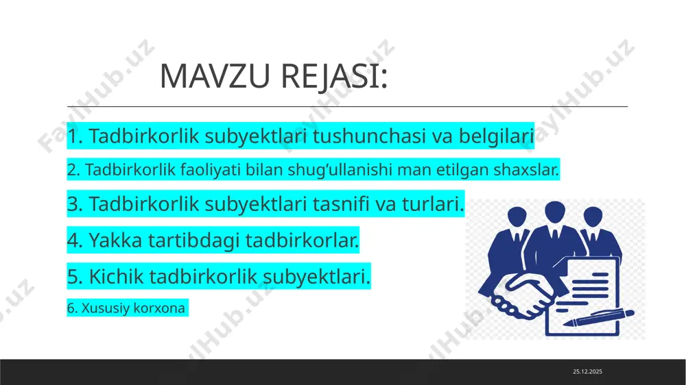 иятини амалга оширувчи корхоналар ёки бошқарувни амалга оширувчи субектлар каби), шахсларга (жисмоний шахслар ва юридик шахслар) ҳамда фаолият турига (тижоратчи ва нотижорат ташкилотлар) қараб белгиланади. yakka tartibdagi tadbirkorlar. якка тартибдаги тадбиркорлик — юридик шахс ташкил этмаган ҳолда жисмоний шахс (якка тартибдаги тадбиркор) томонидан тадбиркорлик фаолиятининг амалга оширилиши (айрим қонун ҳужжатларида «хусусий тадбиркорлик»). якка тартибдаги тадбиркорликни амалга ошириш учун эр-хотиндан бири эр-хотиннинг умумий биргаликдаги мол-мулкидан фойдаланадиган ҳолларда, агар қонунда, никоҳ шартномасида ёхуд эр-хотин ўртасидаги ўзга келишувда бошқача қоида назарда тутилган бўлмаса, эрнинг (хотиннинг) розилиги талаб қилинади. 28.02.2023 kichik tadbirkorlik subyektlari. 28.02.2023 якка тартибдаги тадбиркорлар; • микрофирмалар: • ишлаб чиқариш тармоқларидаги, банд бўлган ходимларининг ўртача йиллик сони кўпи билан йигирма киши, хизмат кўрсатиш соҳасидаги ва бошқа ноишлаб чиқариш тармоқларидаги, банд бўлган ходимларининг ўртача йиллик сони кўпи билан ўн киши, улгуржи ва чакана савдо ҳамда умумий овқатланиш тармоқларидаги, банд бўлган ходимларининг ўртача йиллик сони кўпи билан беш киши; кичик корхоналар: • енгил ва …