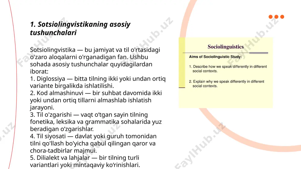 ktlar, aksentlar, kod almashinuvi va stilning ijtimoiy omillar bilan bog‘liqligi tahlil qilinadi. sotsiolingvistika, shuningdek, tilning maqomi, prestiji va standartlashtirilishi kabi masalalarga ham e’tibor qaratadi. ushbu soha orqali til va ijtimoiy o‘zgarishlar, davlat siyosati va til siyosati o‘rtasidagi aloqalar ham o‘rganiladi. ... t.me/slaydai_bot 7. gender va til gender tengligi masalasi o‘zbekistonda muhim ijtimoiy mavzulardan biridir. 2020-yilgi ma'lumotlarga ko‘ra, o‘zbekiston aholisining 50.6 foizini ayollar tashkil etadi. mehnat bozorida ayollarning ishtirokini oshirish maqsadida qator dasturlar amalga oshirilmoqda. bmtning 2021-yildagi gender tenglik indeksida o‘zbekiston 120-o‘rinda turadi. parlamentda ayollarning ulushi 32 foizni tashkil qiladi, bu mdh davlatlari orasida yuqori ko‘rsatkichlardan biridir. shu bilan birga, oliy ta'lim muassasalarida ayol talabalarning ulushi 48 foizga yetgan. gender tengligi yo‘nalishida amalga oshirilayotgan islohotlar ayollar huquqlarini mustahkamlash va imkoniyatlarini kengaytirishga qaratilgan. ... t.me/slaydai_bot o'zbekistonda 8 yoshdagi bolalar, odatda, boshlang'ich maktabning ikkinchi sinfida tahsil olishadi. bu yoshda bolalar o'z ona tillarida gaplashishda va yozishda ancha mohirlikka ega bo'lib, ba'zi xorijiy tillarni …