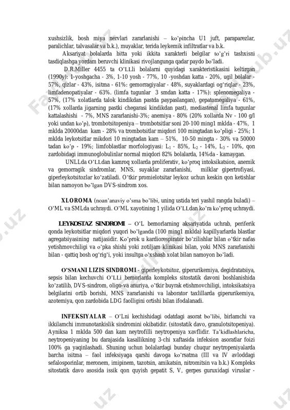 larda bo’ladi. bu xolat aynan shu a’zolarga yo’naltirilgan davoni talab etadi (lokal r-terapiya, kimyoviy preparatlarni endolyumbal jo’natish). sinflanishi. o’ll ni 3 morfologik variantlarini taffovut kilinadi: l1 (limfoblatslar asosan katta xajmja emas gomogen yadro xromatini bilan, yaqqol buyaladi, yadrochalarsiz, oz mikdorda sitoplazmaga ega); l2 (katta limfoblastlar, xajmlari buyicha geterogen, yadrosi noto’g’ri membranali, yaqqol bitta yoki ko’proq yadrochalar bilan, sitoplazma miqdori ko’p); l3 (limfoblastlar katta, xajmlari o’zgarishsiz, sitoplazma bazofiliyasi o’ziga xos vakuolalari bilan). membranali va boshka markerli antigenlarga kura taffovtulanishi: t- xujayrali o’ll (15-25% barcha bolardagi o’ll lar orasida); v – xujayrali va v-oldi- xujayrali (1-3% bolalardagi o’lllar orasida); o-xujayrali – noidentifikatsion o’ll (na lifoblastlar, na sitoplazmalarida immunoglobulinlar topilmaydi, cd4 va boshka t-xujayrali markerlar) – 70-80% o’llli bolalarda. klinikasi: tipik xolatda ul uchun anemik va intoksikatsiya simptomokompleksi (teri va shillik kavatlarning rangparligi, ularni kulrang-sarik oxangi bilan, bo’shashish, kamquvvatlik, subfebrilitet va b.k.), proliferativ (periferik, mediastinal va qorin bo’shligi limfa tugunlarining kattalashishi, gepatosplenomegaliya, ko’z …