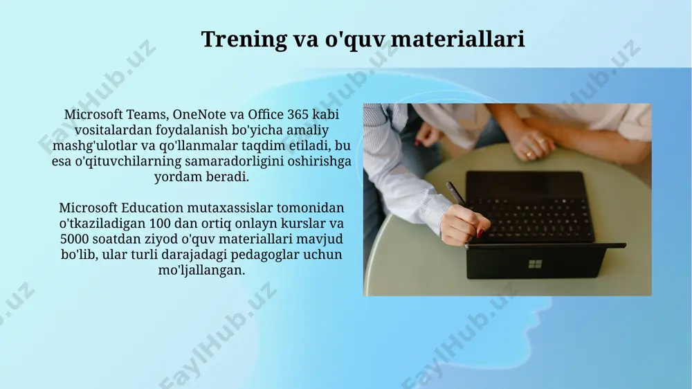hablonlardan foydalanib, interfaol darslar tayyorlashlari va o'quvchilar bilan real vaqtda hamkorlik qilishlari mumkin. microsoft forms va baholash microsoft forms natijalarini excel yoki power bi kabi boshqa microsoft dasturlari bilan integratsiya qilish orqali, chuqur tahlil va vizuallashtirish imkoniyatlarini taqdim etadi. microsoft forms’da 100 tagacha savollarni qo'shish mumkin, har bir savol uchun turli xil javob turlarini (bir nechta tanlov, matn, reyting va boshqalar) tanlash imkoniyati mavjud. office 365 education imkoniyatlari office 365 education, 1 tb gacha bulutli saqlash xotirasi bilan ta'minlaydi, bu talabalar va o'qituvchilarga katta hajmdagi fayllarni saqlash va ulashing imkonini beradi. office 365 education, word, excel, powerpoint va onenote kabi 5 dan ortiq professional dasturlarni bepul taqdim etadi, bu esa o'quv jarayonini yanada samarali qiladi. integratsiya va boshqa tizimlar bilan bog'lanish microsoft education xizmatlari 100 dan ortiq turli tizimlar bilan, jumladan, lms platformalari (masalan, moodle, canvas) va sso (single sign-on) tizimlari bilan mukammal integratsiyalanadi. microsoft teams, onenote va sharepoint kabi …