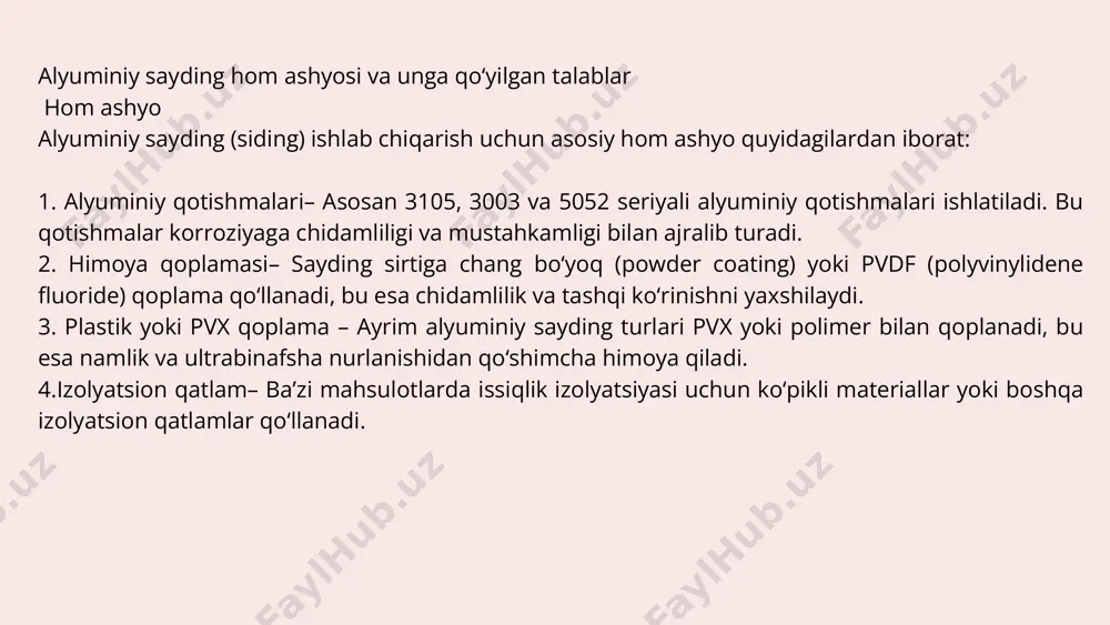 tkichlari: alyuminiyning o‘zi 240 — 550 mpa gacha bosimga chidamli (qotishmasiga qarab). sayding panellari esa yupqa qalinlikda bo‘lgani sababli 5 — 10 mpa atrofidagi mahalliy yuklarga bardosh berishi mumkin, lekin ular ko‘proq elastiklik va tashqi korroziyaga chidamlilik uchun mo‘ljallangan. sayding panellari juda yupqa bo‘lgani uchun ularning real sinish yuklanishi panel yuzasining 1 sm² ga hisoblanganda taxminan 10 — 30 mpa oralig‘ida bo‘lishi mumkin. issiqlik va yong‘in xossalari - yong‘inga chidamlilik– alyuminiy yonmaydi, faqat juda yuqori haroratda eriydi (~660°c). issiqlik aks ettirish qobiliyati– quyosh nurlarini yaxshi aks ettiradi, bu esa binoning ichki haroratini saqlashga yordam beradi. 4. estetik xossalar -tashqi ko‘rinishi jozibali– turli rang va teksturalarda ishlab chiqariladi, binoga zamonaviy ko‘rinish beradi. - bo‘yoq va qoplama barqarorligi– pvdf yoki chang bo‘yoq bilan qoplangan sayding uzoq vaqt davomida rangini yo‘qotmaydi. 5. ekologik va iqtisodiy xossalar qayta ishlash imkoniyati– alyuminiy 100% qayta ishlanadigan material bo‘lib, ekologik tozalikka ega. -parvarish talab qilmaydi– maxsus xizmat …