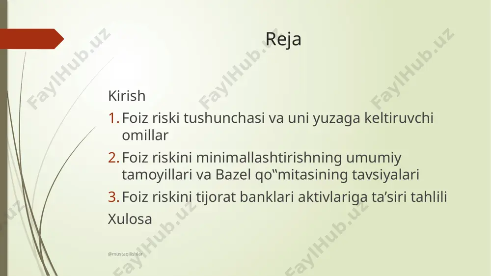 bank risklari orasida esa foiz riski alohida o‟rin tutib, bu riskni boshqarish darajasiga qarab banklar daromadliligi turlicha bo‟lishi mumkin. bu riskni boshqarish siyosati ham ko‟plab siyosatlar qatori san‟at hisoblanadi. @mustaqilishlar har qanday iqtisodiy sub‟ekt faoliyat yurgizar ekan, u risk bilan to‟qnash keladi. bu risk har qanday vaqt va sharoitda yuzaga kelishi mumkin. bu riskdan qo‟rqmay, uni boshqarib daromadni ko‟paytirish har bir sub‟ektning maqsadi va vazifasi hisoblanadi. shunday ekan risklarni o‟rganish, ularni kelib chiqish sabablarini aniqlash va boshqarish metodlarini o‟rganish iqtisodchilarning vazifasi hisoblanadi. risk – faoliyat yuritish davomida turli xil omillarning o‟zgarishi natijasida yuzaga kelishi mumkin bo‟lgan xatar yoki xatarlar majmuasidir @mustaqilishlar bank risklari to’g’risida iqtisodchi olimlarning fikrlari xilma-xil bo‟lib, ular bu tushunchaning mohiyatini turlicha talqin qilayotirlar. buning sababi shundaki, risk keng ma’noli, faoliyatning, jarayonlarning turli bosqichlarida uchrab turuvchi ko‟p qirrali tushunchadir. bankning moliyaviy barqarorligi riskga bog‟liq bo‟lgani uchun uning mohiyatini chuqur o‟rganish talab qilinadi. bank riskining iqtisodiy mohiyati to’g’risida maxsus …