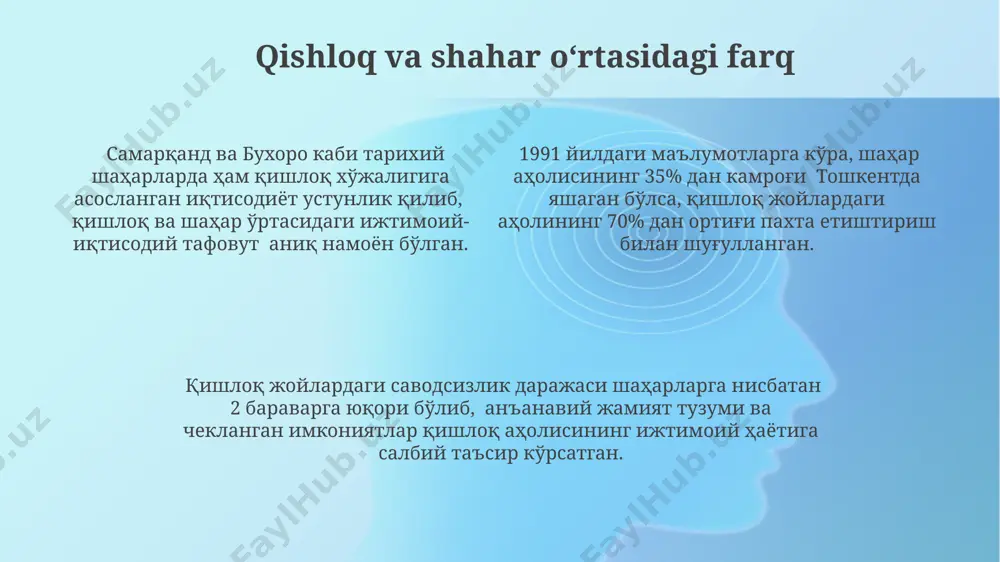и фуқаролик жамиятининг дастлабки шаклланишини кўрсатди. ўзбекистоннинг жанубий ҳудудларида, хусусан, самарқанд ва бухоро каби шаҳарларда, анъанавий жамоавий тузилмаларнинг сиёсий жараёнларга таъсири кучайиб, янги сиёсий кучлар билан ўзаро муносабатларни белгилади. oila va nikoh munosabatlari мустақилликкача бўлган даврда, ўзбекистонда ажрашишлар сони 1000 кишига нисбатан 2 дан кам бўлиб, никоҳларнинг барқарорлиги юқори бўлган, бироқ бу кўрсаткич шаҳар ва қишлоқ оилалари ўртасида сезиларли фарқ қилган. 1991 йилдаги мустақиллик арафасида ўзбекистондаги оилаларнинг 70% дан ортиғи қишлоқ жойларда яшаб, асосан анъанавий патриархал тузумга амал қилган. бу эса, аёлларнинг ижтимоий-иқтисодий ҳаётдаги ролини чекланган ҳолатда сақлаб қолган. ўзбекистоннинг турли минтақаларида, хусусан, фарғона водийси ва хоразм вилоятларида, кўп хотинлилик каби анъанавий амалиётларнинг излари 1990 йиллар бошларида ҳам учраган. бу ҳолат 20 фоизгача бўлган оилаларда кузатилганлиги ҳақида маълумотлар мавжуд. ma'rifat va savodxonlik darajasi 1991 йилда ўзбекистон аҳолисининг саводхонлик даражаси 99% дан ошган бўлиб, бу совет давридаги маърифат сиёсатининг самараси эди, бироқ бу кўрсаткич вилоятлар кесимида турлича бўлган, хусусан, қорақалпоғистонда сал …