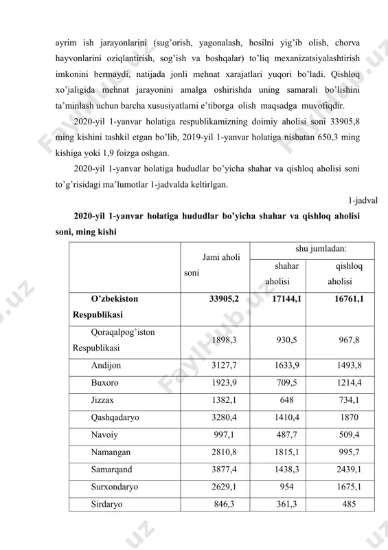 shbu jadval ma’lumotlaridan ko’rinib turibdiki, 2020-yil 1-yanvar holatiga mamlakatimiz aholisining 49,4 foizi yoki 16761,1 ming nafari qishloq joylarda istiqomat qiladi. mamlakatimizda urbanizatsiya jarayonlarini rivojlantirish maqsadida o’zbekiston respublikasi vazirlar mahkamasining 2009-yil 13-martdagi 68-sonli “o’zbekiston respublikasi aholi punktlarining ma’muriy-hududiy tuzilishini takomillashtirishga doir qo’shimcha chora-tadbirlar to’g’risida”gi qaroriga binoan respublikamizdagi 965 ta aholi punktlari shahar posyolkalari toifasiga kiritilib, ularni ijtimoiyiqtisodiy rivojlantirishni yanada kuchaytirish borasida chora-tadbirlar belgilandi. shu kabi chora-tadbirlar natijasida mamlakatimiz jami aholisi tarkibida qishloq aholisining ulushi sezilarli darajada pasaydi. 2009yilgacha bo’lgan davrda mamlakatimizda jami aholi tarkibida qishloq aholisining ulushi 63,0 foizni tashkil etgan bo’lsa, 2020-yil 1-yanvar holatiga kelib ushbu ko’rsatkich 49,4 foizni tashkil etmoqda. respublikamiz hukumati tomonidan urbanizatsiya darajasini yanada rivojlantirish bo’yicha islohotlar izchil amalga oshirilmoqda va buning natijasida kelajakda jami aholi tarkibida qishloq aholisining ulushi yanada pasayishi tabiiy jarayondir. mamlakatimizda mehnat resurslari va uning tarkibi to’g’risidagi ma’lumotlar 2-jadvalda keltirilgan. 2-jadval ushbu jadval ma’lumotlaridan ko’rinib turibdiki, 2019-yil holatiga mamlakatimizda mehnat resurslari soni 18949,0 …