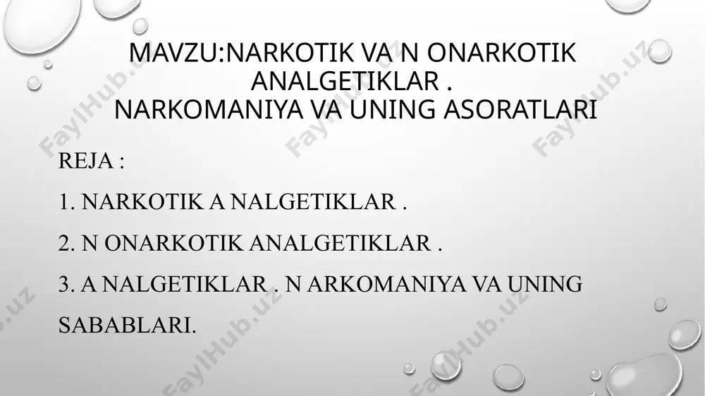 gʻ riklarda, mialgiya(muskullar yalligʻ lanishi )d a , tish va bosh ogʻ rigʻ ida , artralgiyada ishlatiladi. nonarkotik analgetiklar ogʻ riq qoldirishi bilan bir qatorda isitma tushishiga ham ( istma tushuruvchi dorilar) yordam beradi. k o ʻpchilik nonarkotik analgetiklarning yalligʻ lanishga qarshi t a ʼsiri ham bor (yallig‘lanishga qarshi dorilar). vrach ruxsatisiz bu dorilarni ichmaslik kerak. giyohvandlik ( narkomaniya ) – (yunoncha narke – karaxtlik va maniya – telbalik, jahl, shodhurramlik ) narkotik va narkotik ta’sirga ega bo’lgan moddalarni iste’mol qilish natijasida kelib chiqadigan kasallik. giyohvandlik giyohvand moddalarni doimo qabul qilish natijasida vujudga keladi, chunki ushbu hastalik bilan og’rigan kishining jismoniy va ruhiy holati humorini bosadigan tegishli narkotik modda iste’mol qilishga bog’liq. narkomaniya organizmda chuqur uzgarishlarga sabab bo’ladi va uni tanazzulga olib keladi. kasallik asta -s ekin rivojlanib borib surunkali davom etadi. narkotik moddalar dastlab xursandlik, vaqtichog’lik hotirjamlik hissini uyg’otib, kayf qildirishi sababli iste’mol qilinib bora- bora kasallikka aylanadi. quyidagi …