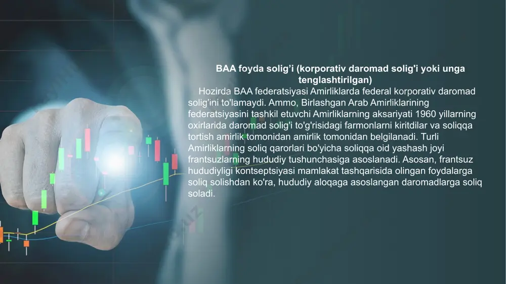 riga quyidagi daromad solig'i stavkalari qo'llaniladi: 10% - 1 000 000 - 2 000 000 dirham oralig'idagi foyda uchun; 30% - 2 000 000 - 4 000 000 dirham oralig'idagi foyda uchun; 40% - 4 000 000 - 5 000 000 dirham oralig'idagi foyda uchun; 55% - 5 000 000 dirhamdan ortiq foyda uchun. 4 baada daromad solig'i haqida gapirganda, to'lovchilar sifatida ular ko'pincha neft va gaz korxonalarini nazarda tutadi bank tashkilotlari shuningdek mehmonxonalar va restoranlar. mamlakat hududida korporativ soliq deb ataladigan soliq mavjud emas. garchi ba'zi eizlar doirasida bunday to'lov hali ham taqdim etilgan bo'lsa-da, lekin u kompaniyalar uchun faqat 15 yillik soliq ta'tillaridan keyin ishlay boshlaydi. aytgancha, ular uzaytirish uchun etarlicha oson. kompaniyalar uchun soliqning bir turi - bu mahalliy byudjetlarni tashkil etuvchi savdo litsenziyasini berish va qayta tiklash uchun yig'im. 10% bilan ifodalanadi umumiy xarajat kompaniyaning barcha binolarini ijaraga berish, shuningdek, mamlakatda xodimlarni joylashtirish va joylashtirish narxining …