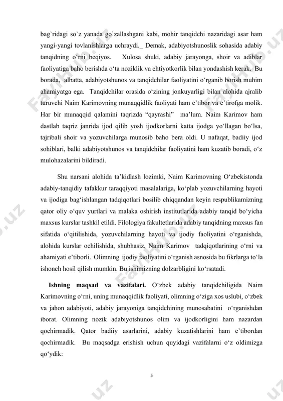 rimov faoliyati tadqiq etilgan. bitiruv-malakaviy ishining ilmiy yangiligi. bitiruv-malakaviy ishining maqsad va vazifalari bilan bevosita bog‘liq bo‘lgan ilmiy-nazariy mulohazalar, amaliy tahlillar jarayonida quyidagi yangiliklarga erishildi: naim karimovning adabiyotshunos va munaqqidlik faoliyati izchil o‘rganildi. o‘zbek adabiyotshunosligi va tanqidchiligida naim karimovning o‘ziga xos o‘rni ko‘rsatildi, olimning faoliyati va mulohazalari zamondosh munaqqidlar bilan qiyoslandi. munaqqidning o‘zbek adabiyotshunosligini qator fundamental tadqiqotlar bilan, ko‘plab o‘quv qo‘llanmalari va darsliklari bilan boyitganligi alohida e’tirof etildi. naim karimovning yosh ijodkorlar va bolalar adabiyoti borasida bildirgan fikrlari o‘rganildi. shuni ham alohida ta’kidlash joizki, bizgacha bo‘lgan davrda ham naim karimov faoliyatiga nazar tashlangan, turli munosabatlar bildirilgan, albatta. ammo biz ko‘proq olim kim haqida gapirgani emas, balki qanday munosabat bildirganiga e’tibor qaratdik. zero, bu orqali tanqidchining badiiy didiga baho berish mumkin. munaqqid va adabiyotshunoslarning naim karimov haqida bildirgan fikrlari o‘rganildi, bir-biriga qiyoslandi. tadqiqot obyekti va predmeti. mazkur bitiruv malakaviy ishni yozishda naim karimovning monografiya va risolalari, kitoblari, ilmiy va publitsistik maqolalari …