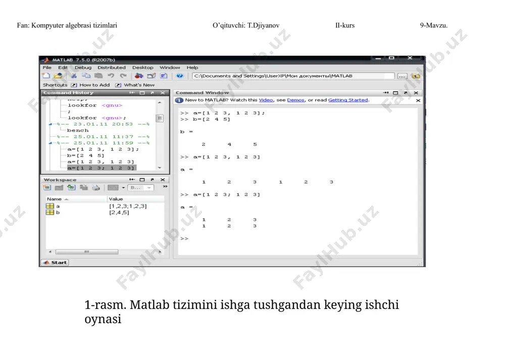 va matritsaviy amallarni kеngaytirilgan talqini ustiga qurilgan. mazkur tushuncha uning nomida o’z aksini topgan, ya'ni matlab – matrix laboratory – matritsali laboratoriya. ma'lumki, juda ko’plab dasturlar va ular ustida amallar bajarish sikllar orqali amalga oshiriladi. bu esa dasturni ishlashini sеkinlashtiradi va ba'zi bir amallarni bajarishni dasturlash tillarida ko’p o’lchamli, xususan, ikki o’lchamli, ya'ni matritsalarni e'lon qilishni murakkablashtiradi. matlabda asosiy ob'еkt sifatida matritsalardan foydalanish sikllar sonini kеskin kamaytiradi. matlab tizimini yaratishdagi asosiy maqsadlardan biri bo’lib, tеxnik va matеmatik xisoblashlarga yo’naltirilgan, foydalanuvchi uchun qulay va sonli usullarni amalga oshirish uchun tadbiq etib kеlinayotgan an'anaviy dasturlash tillari imkoniyatlaridan ustunroq dasturlash tilini yaratish xisoblanadi. mazkur tizimni yaratishda xisoblashlar tеzligini oshirishga hamda tizimning turli xil masalalarini hal qilishga moslashuvchanligiga katta e'tibor qaratilgan. matlab tizimi dasturlashning uchta asosiy kontsеpsiyasini amalga oshiradi: a)modullarni, ya'ni protsеdura va funktsiyalarni yaratishga asoslangan protsеdura modulli dasturlash; fan: kompyuter algebrasi tizimlari o’qituvchi: t.djiyanov ii-kurs 9-mavzu. b)ob'еktga yo’naltirilgan dasturlash (ayniqsa, tizimning grafikli vositalarini …