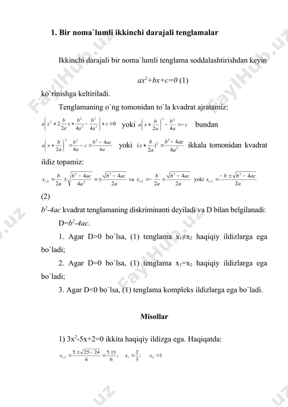 ilsin. yechish: 3x4+26x2-9=0 tenglamani yechamiz: va dan embed equation.3 x2=-9 dan x3=3i, x4=-3i ni topamiz va ni hosil qilamiz, yoki hosil bo`ladi (kompleks sonlar to`plamida), haqiqiy sonlar to`plamida esa bo`ladi mashqlar 12 quyidagi ikki hadli tenglamalarni yeching. 1) x3-8=0 5) x4-16=0 2) x3+8=0 6) x4+16=0 3) x5-32=0 7) x4-81=0 4) x5+32=0 8) x4+81=0 126. quyidagi uch hadli tenglamalarni yeching: 1) x4+5x2-36=0 5) x4+3x2-18=0 2) x4-8x2-9=0 6) x4+4x2-32=0 3) x4-x2-6=0 7) x4+x2-1=0 4) x4+2x2-15=0 8) x4-2x2+4=0. 127. 1) ildizlari 1-2i, 2-i bo`lgan haqiqiy koeffitsiyenti to`rtinchi darajali tenglamani tuzing. 2) ildizlari 1, 1-2i, 2-i bo`lgan haqiqiy koeffitsiyenti beshinchi darajali tenglamani tuzing. javoblar: 12 2) x1=-2, 4) k=0,1,2,3,4; 6) 8) . 126. 2) 3; i; 4) 6) 127. 2) x5-7x4+24x3-48x2+55x-25=0. adabiyotlar 1. alimov sh. a. va boshqalar. algebra va analiz asoslari, o`rta maktabning 10-11 sinflari uchun darslik. toshkent, “o`qituvchi”, 1996- yil va keyingi nashrlari. 2. kolmogorov a. n. tahriri ostida. algebra va analiz …