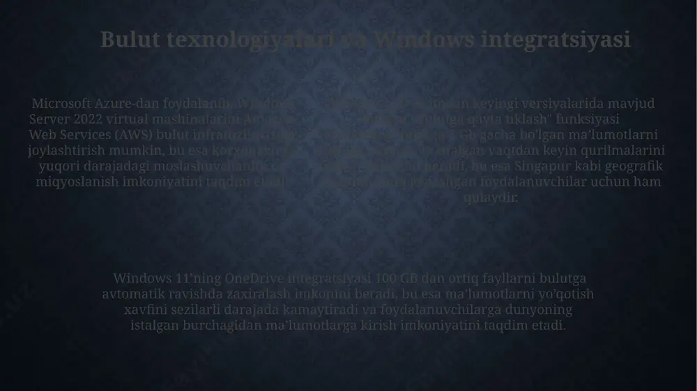 ist" funksiyasi, ekranni 4 ga bo'lib, bir vaqtning o'zida 4 ta dastur bilan ishlash imkonini berib, aqshdagi ko'plab ofis xodimlarining ish samaradorligini oshirdi. windows 1.0 dan windows 11 gacha: asosiy o'zgarishlar windows 1.0 da fayl menejeri juda sodda edi, hozirgi windows 11 da esa, fayllarni boshqarish uchun boy funksiyalarga ega bo'lgan, file explorer kabi kuchli vositalar mavjud, masalan, bulut xizmatlari bilan integratsiya. windows 1.0 da faqat 16 rangli grafik qo'llab-quvvatlangan bo'lsa, windows 11 1 milliarddan ortiq rangni aks ettira oladi, bu esa vizual sifatni sezilarli darajada yaxshilaydi. 1985 yilda chiqarilgan windows 1.0 aqsh bozorida paydo bo'lgan bo'lsa, global miqyosda tarqalgan windows 11 dunyoning deyarli barcha mamlakatlarida ishlatiladi va ko'p tilli qo'llab-quvvatlashni ta'minlaydi. e'tiboringiz uchun rahmat @taqdimot_robot