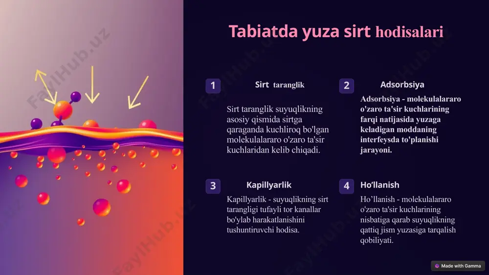 suyuq agregat holatidagibiron moddaning butun hajmi bo‘ylab yutilishi absorbsiya deb ataladi. quyida adsorbsiya va absorbsiya jarayonlari ko‘rsatilgan. adsorbsiya molekulalarning hujayra yuzalariga yopishishini ko'rsatadi, yutilish esa molekulalarning to'qimalarga o'tishi va integratsiyalashuvini ko'rsatadi. 6 kapillyar kondensatsiya ba’zan o‘z kritik haroratidan past haroratdagi gaz sorbsiya vaqtida qattiq jismg‘ovaklarida kapillyarlarda kondensantlanib (gaz holatdan suyuq holatga o‘tishiga)suyuqlikka aylanadi.bu hodisa kapillyar kondensatsiya deyiladi. tibbiyotda kapillyar hodisalarni qo'llash 7 sirt taranglik va adsorbsiya sirt taranglik sirt tarangligi suyuqlik yuzasini birlik maydoniga oshirish uchun bajarilishi kerak bo'lgan ishni tavsiflaydi. sirt taranglik suyuqlikning tabiatiga, haroratga va aralashmalar mavjudligiga bog'liq. adsorbsiya adsorbtsiya adsorbent va adsorbat o'rtasidagi o'zaro ta'sir turiga qarab fizik yoki kimyoviy bo'lishi mumkin. adsorbsiya teskari jarayon bo'lib, uning kattaligi adsorbat konsentratsiyasiga, haroratga va adsorbentning sirt maydoniga bog'liq. sirt taranglik suyuqlik turiga, uning haroratiga va aralashmalar mavjudligiga bog'liq. 8 dispers sistemalar xossalariga adsorbsiyaning ta'siri dispers tizimlarning barqarorligi dispers faza zarralari yuzasida barqarorlashtiruvchi moddalarning adsorbsiyasi tizimning barqarorligini oshiradi. sirt xossalari …