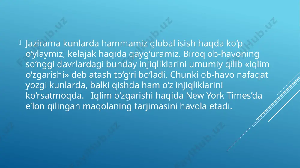 avflarni keltirib chiqaradigan gazlar hozirdan o‘z ta’sirini ko‘rsatmoqda va bu bizning avlodimiz uchun oldimizda turgan chuqur axloqiy savollar borasida bosh qotirish uchun bir imkoniyatdir. «qanchalik o‘sishi» emas, qanchalik tez o‘sishi ahamiyatliroq. dengiz sathi keskin sur’atlarda ko‘tarilmoqda va hozirda har 100 yilda 0,3 metr tezlik bilan ko‘tarilmoqda, bu hukumatlar va mulk egalarini qirg‘oq eroziyasiga qarshi kurashish uchun o‘nlab milliard dollar sarflashga majbur qilmoqda. ammo bu tendensiya o‘zgarmasa, bunday o‘sish oqibatlarini nazorat qilish mumkin, deydi ekspertlar. biroq, xavf shundaki, dengiz sathining ko‘tarilishi davom etaveradi. yer tarixini o‘rganuvchi olimlar, eng yomon holatda, garchi bu ehtimoldan yiroq bo‘lsa-da, o‘n yil ichida suv yarim metrga ko‘tarilishiga ishonishadi. ko‘pgina ekspertlarning fikricha, ertaga issiqxona gazlari chiqindilari to‘xtagan taqdirda ham, dengiz sathining 4−6 metrga ko‘tarilishi muqarrar va bu ko‘plab shaharlarni suv bosishi uchun yetarli. albatta, agar ularni himoya qilish uchun trillionlab dollar sarflanmasa. bu qancha davom etishi noma’lum. dengizlar sathi qanchalik ko‘tarilishi mumkin? nima qilishimiz mumkin? qarorlar juda …