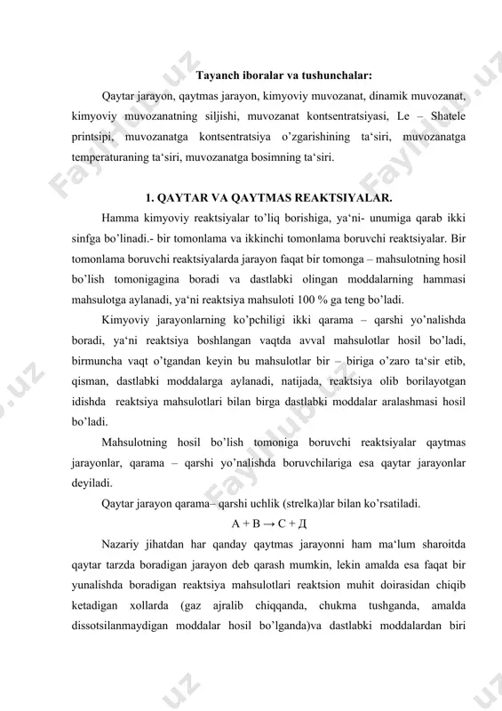 lotlari reaktsion muhit doirasidan chiqib ketadigan xollarda (gaz ajralib chiqqanda, chukma tushganda, amalda dissotsilanmaydigan moddalar hosil bo’lganda)va dastlabki moddalardan biri nihoyatda mo’l miqdorda olinib, qarama – qarshi jarayonning bir yo’nalishini tomomila to’xtatib quyilgan xollardagina yuz beradi. bariy xlorid eritmasiga natriy sulfat eritmasi quyilganda bariy sulfat cho’kmasining tushishi natriy karbonat eritmasiga xlorid kislota ta‘sir etganda karbonat angidrid gazining ajralib chiqishi va boshqalar kimyoviy qaytmas jarayonlar uchun misol bo’la oladi. bariy sulfatning cho’kishi amalda qaytmas jarayondir, chunki baso4 oz bo’lsada suvda eriydi. ammo, bertole tuzi kclo3 ning parchalanishi yoki qo’rg’oshin azid pb3 n2 ning parchalanishi odatdagi sharoitda mutlaqo qaytmas jarayonlardir. reaktsiya mahsulotlari, odatda, bir-biri bilan ta‘sirlashib, dastlabki moddalarni hosil qilishi mumkin. masalan, co2 bilan н2 qizdirilganda o’zaro reaktsiyaga kirishadi, natijada uglerod (ii) – oksid va suv bug’i hosil buladi. shu sharoitning o’zida со va suv bug’i o’zaro ta‘sirlashib dastlabki moddalar со2 va н2 ni hosil qiladi. ikkala reaktsiyani ham bitta umumiy tenglama …